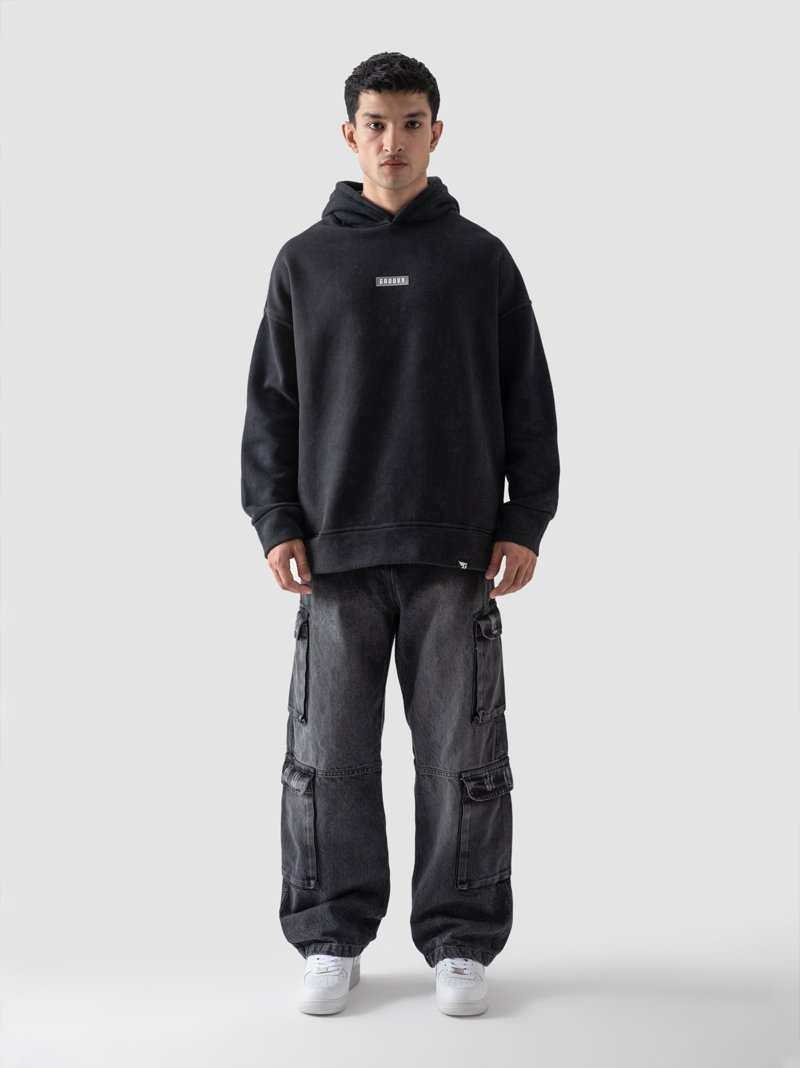 【Raucohouse】Groovy cut out dirty washed hoodie Washed) Black Hoodie – GROOVY