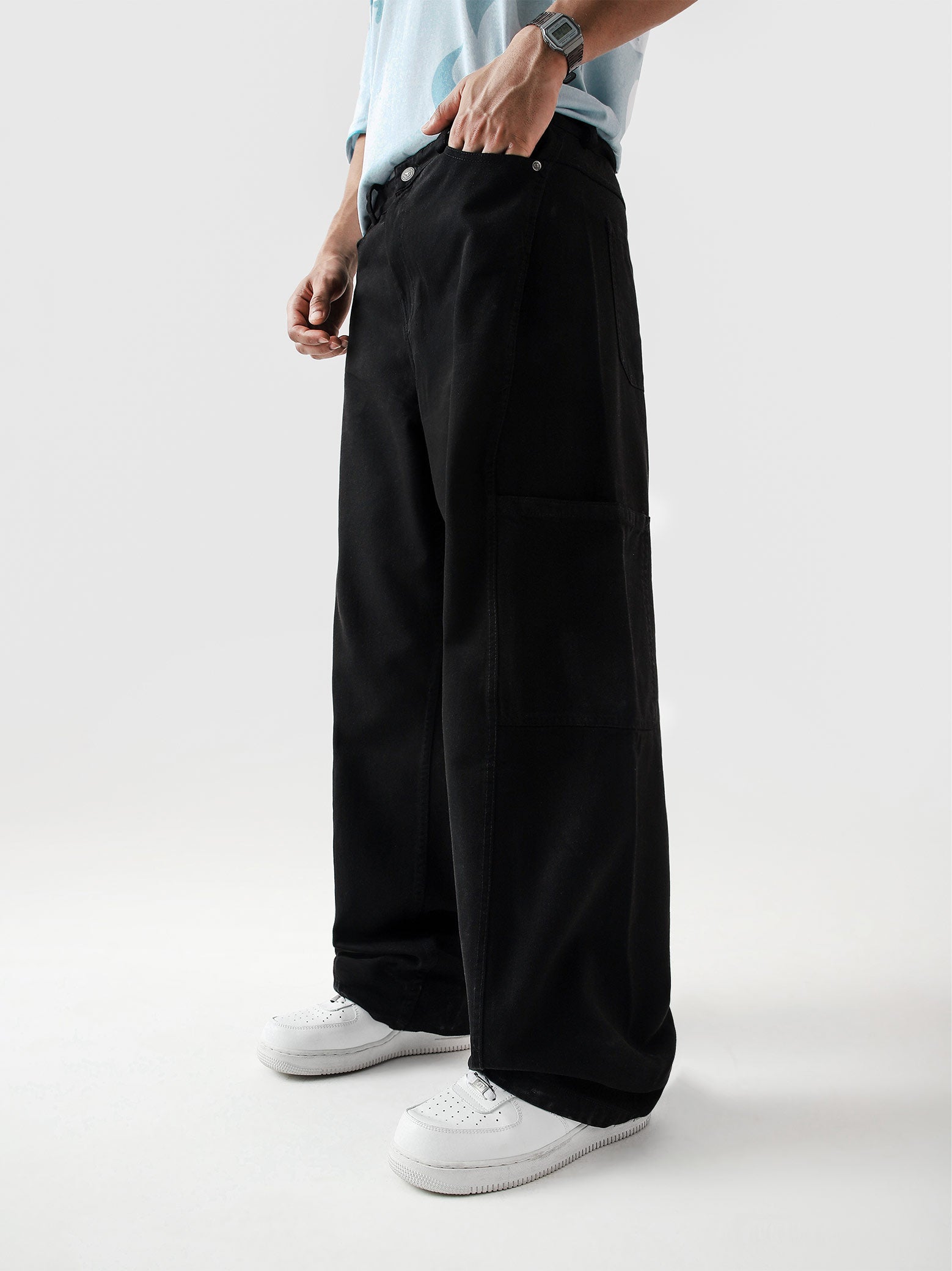Utility V1 black cargo pants male model front view relaxed fit Pakistan – GROOVY