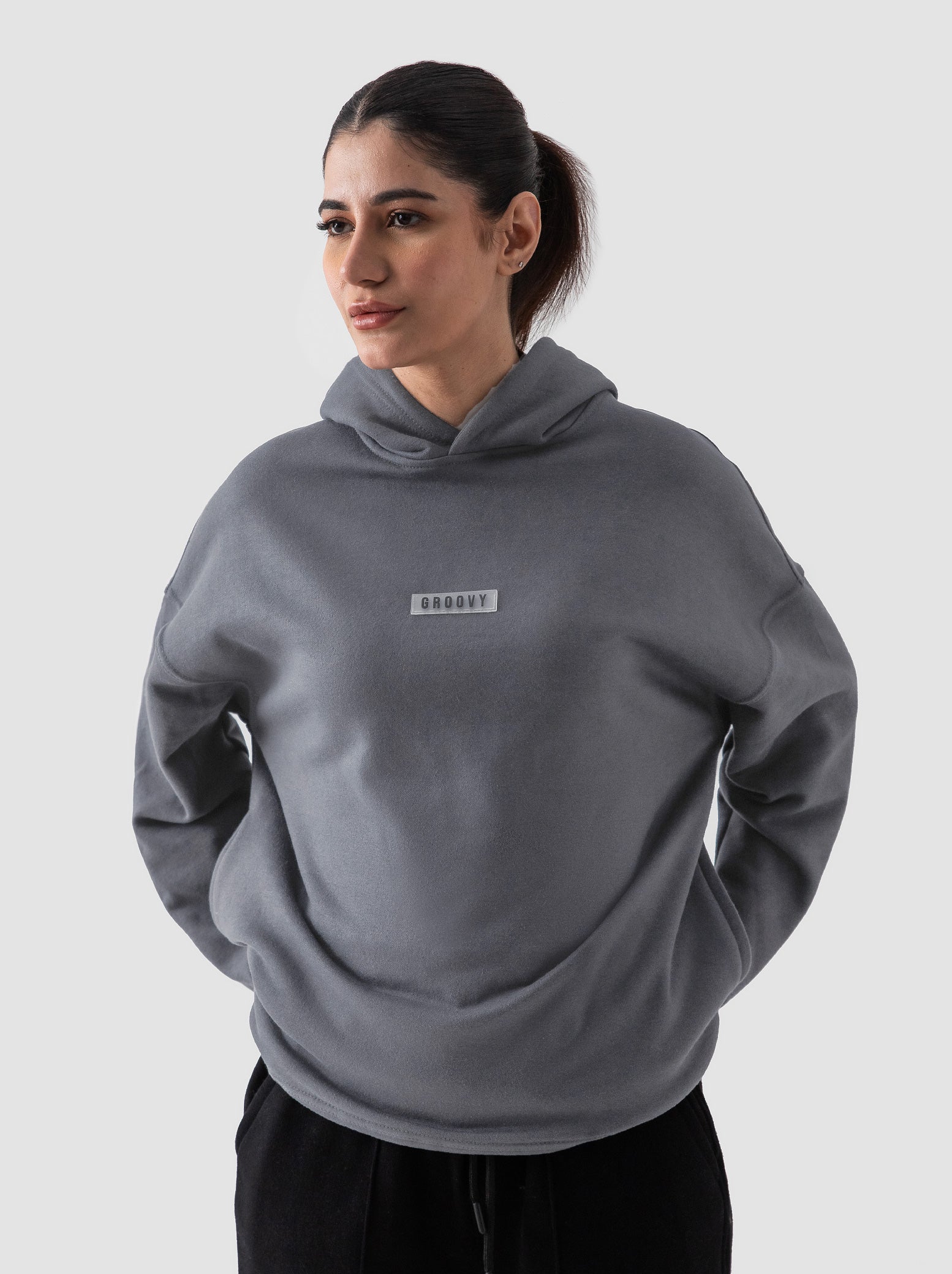 Light grey oversized hoodie male model full body front view Pakistan – GROOVY