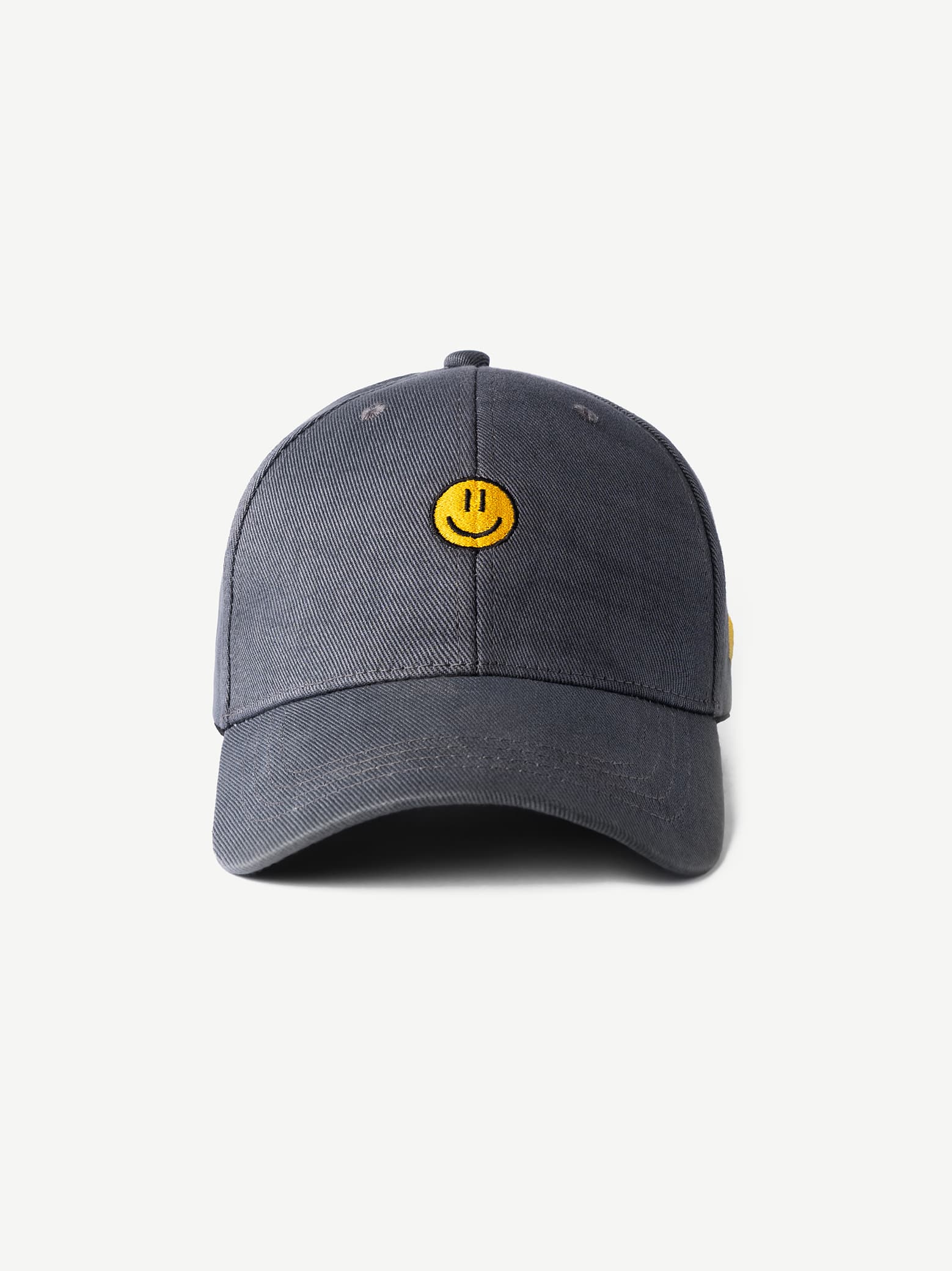 GROOVY SMILEY DAY slate blue-grey baseball cap with stitched yellow smiley patch