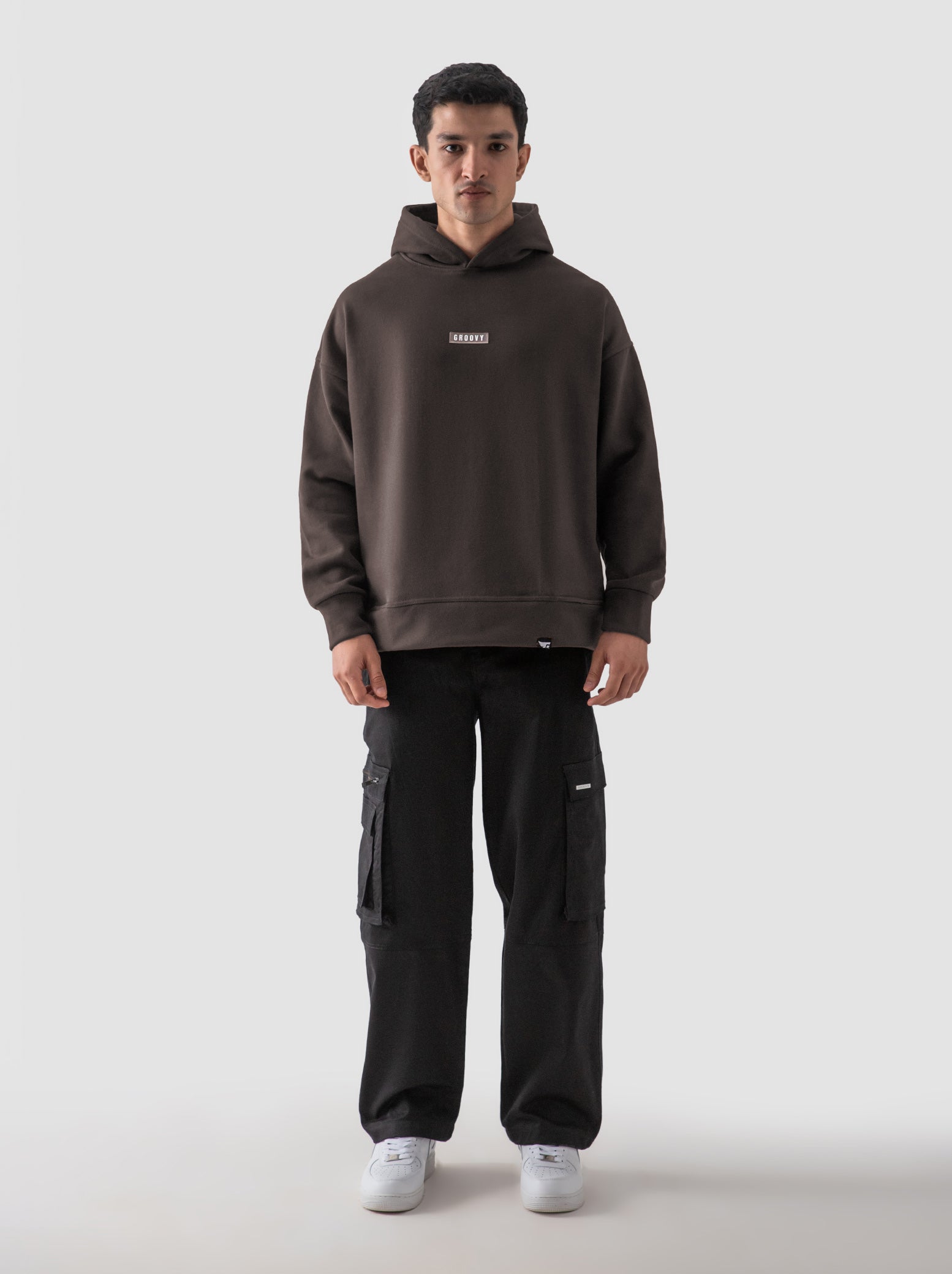 Mocha brown oversized hoodie male model full body front view Pakistan – GROOVY