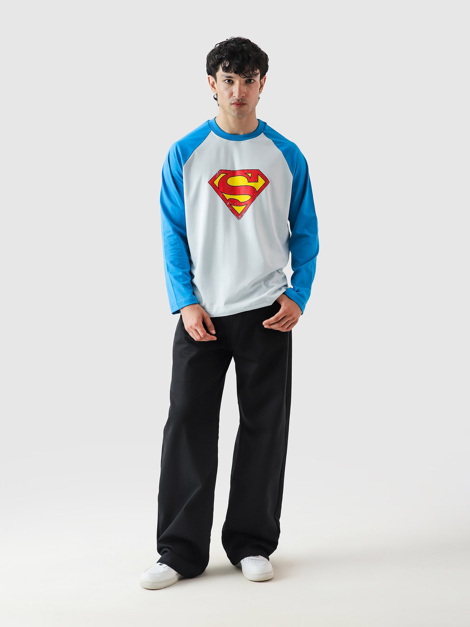 Superman full sleeves tee frost electric blue male model full body front view Pakistan – GROOVY