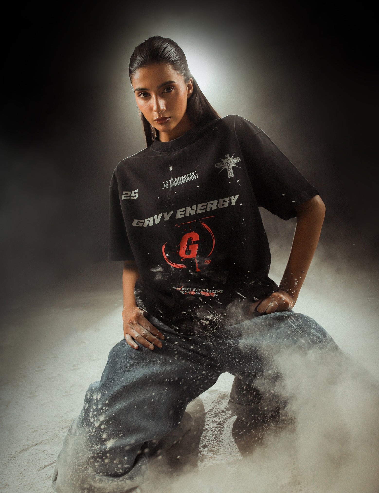  Graphic close-up showing “GRVY ENERGY” branding with red “G” symbol and gothic futuristic elements – ideal for streetwear lovers.