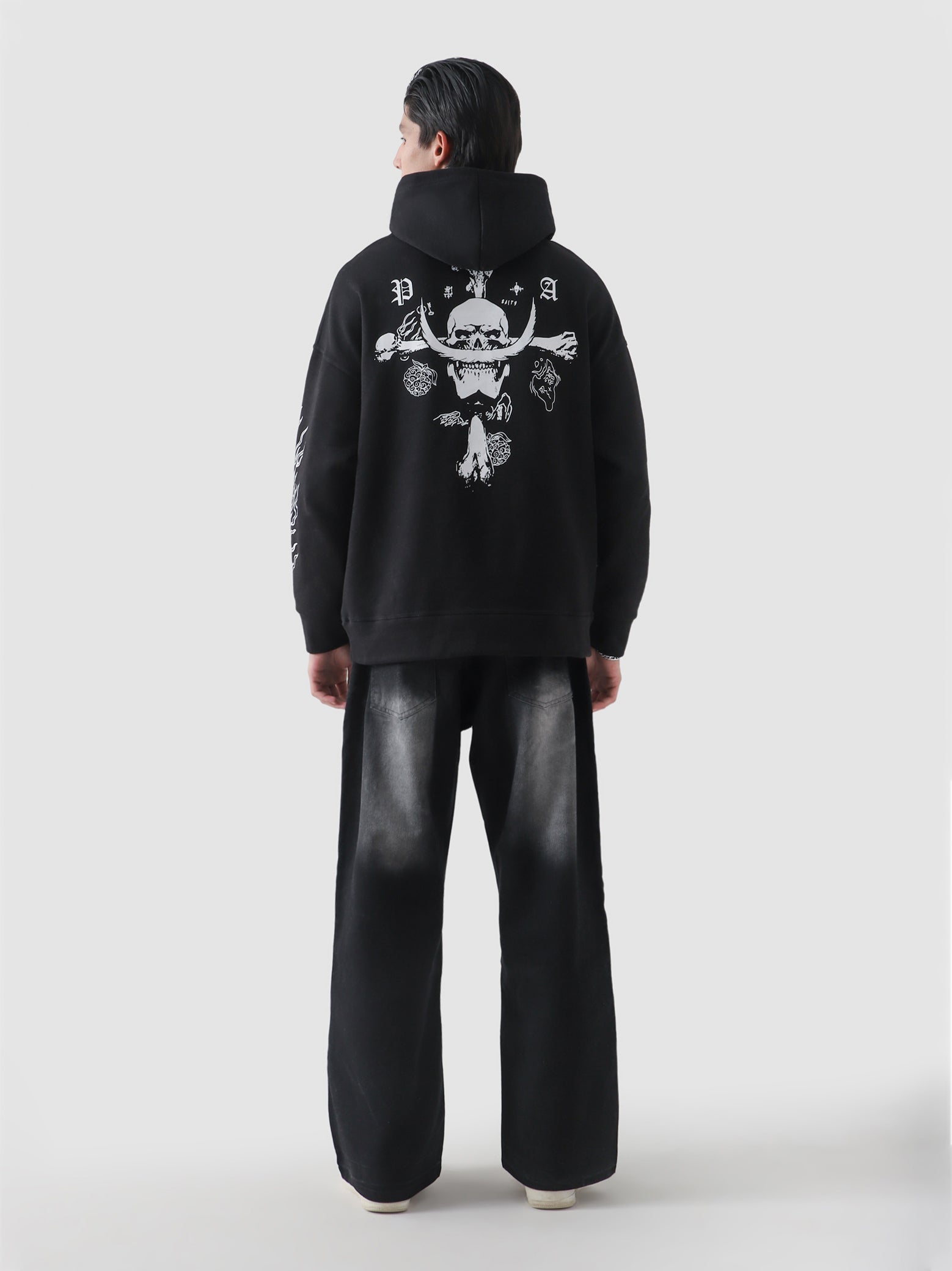 White Beard One Piece hoodie male model back view 300 GSM cotton Pakistan – GROOVY