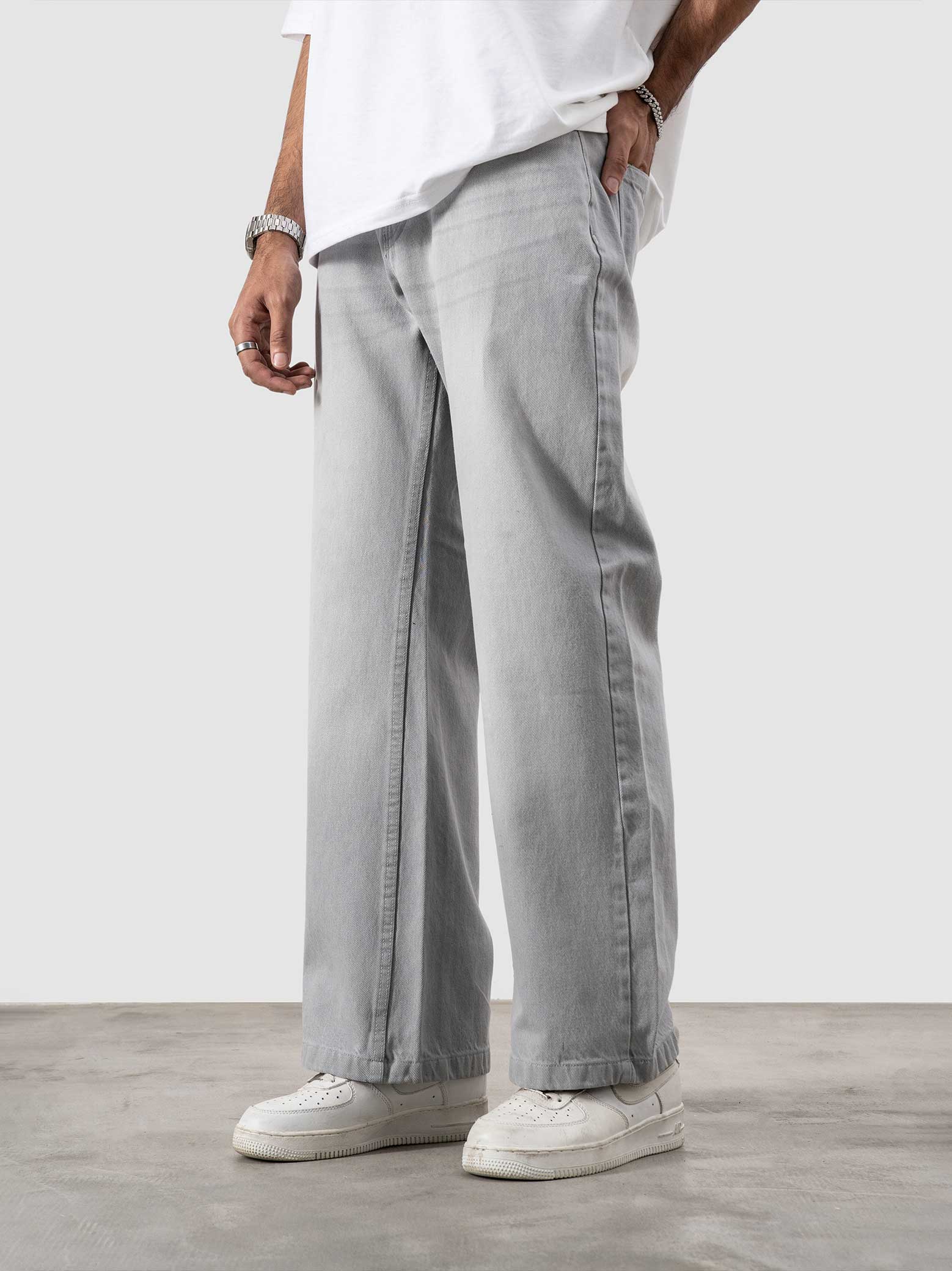 CORE denim white stone baggy jeans male model back view faded wash Pakistan – GROOVY