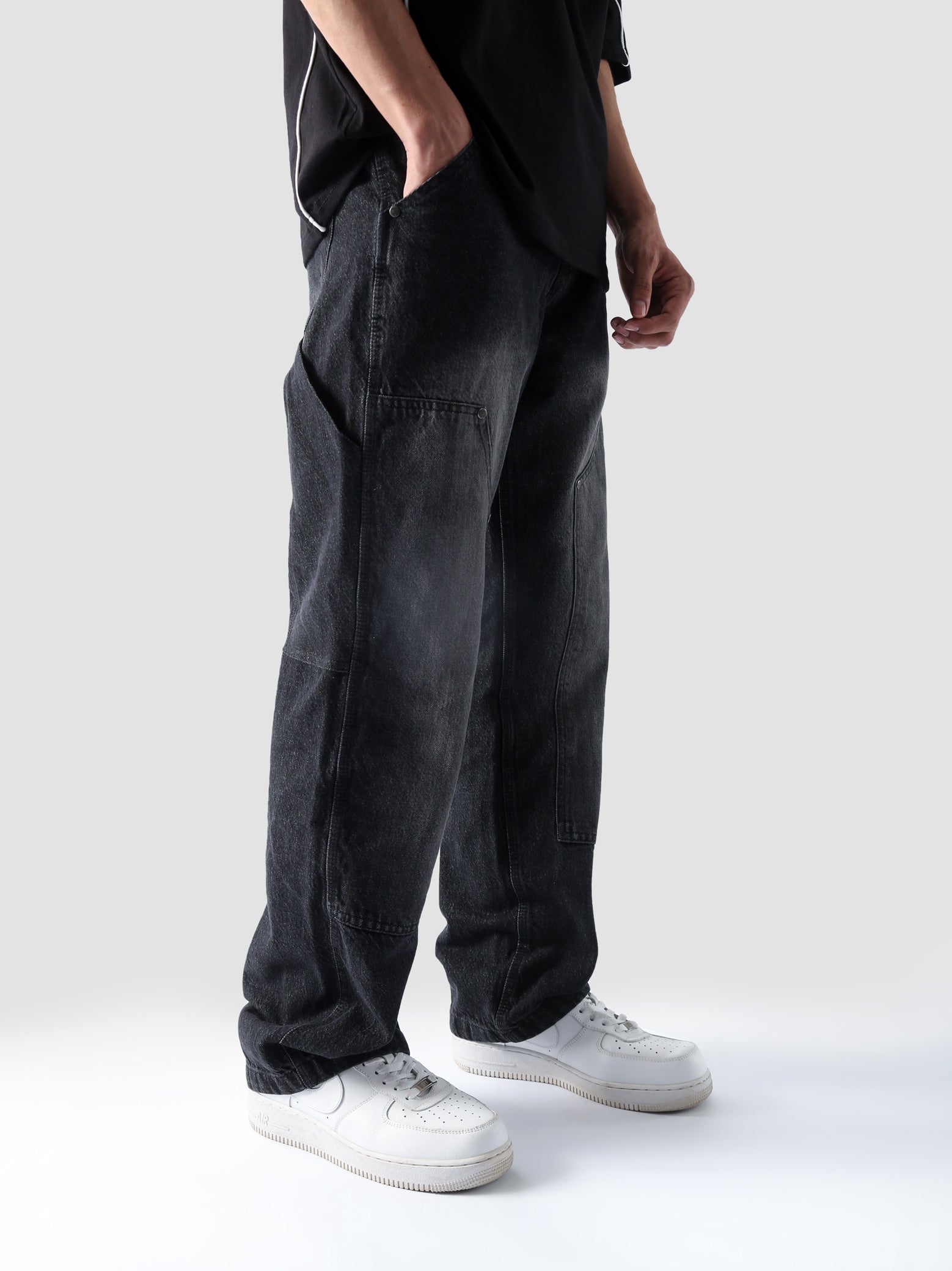 Carpenter washed black denim baggy jeans male model full body front view Pakistan – GROOVY