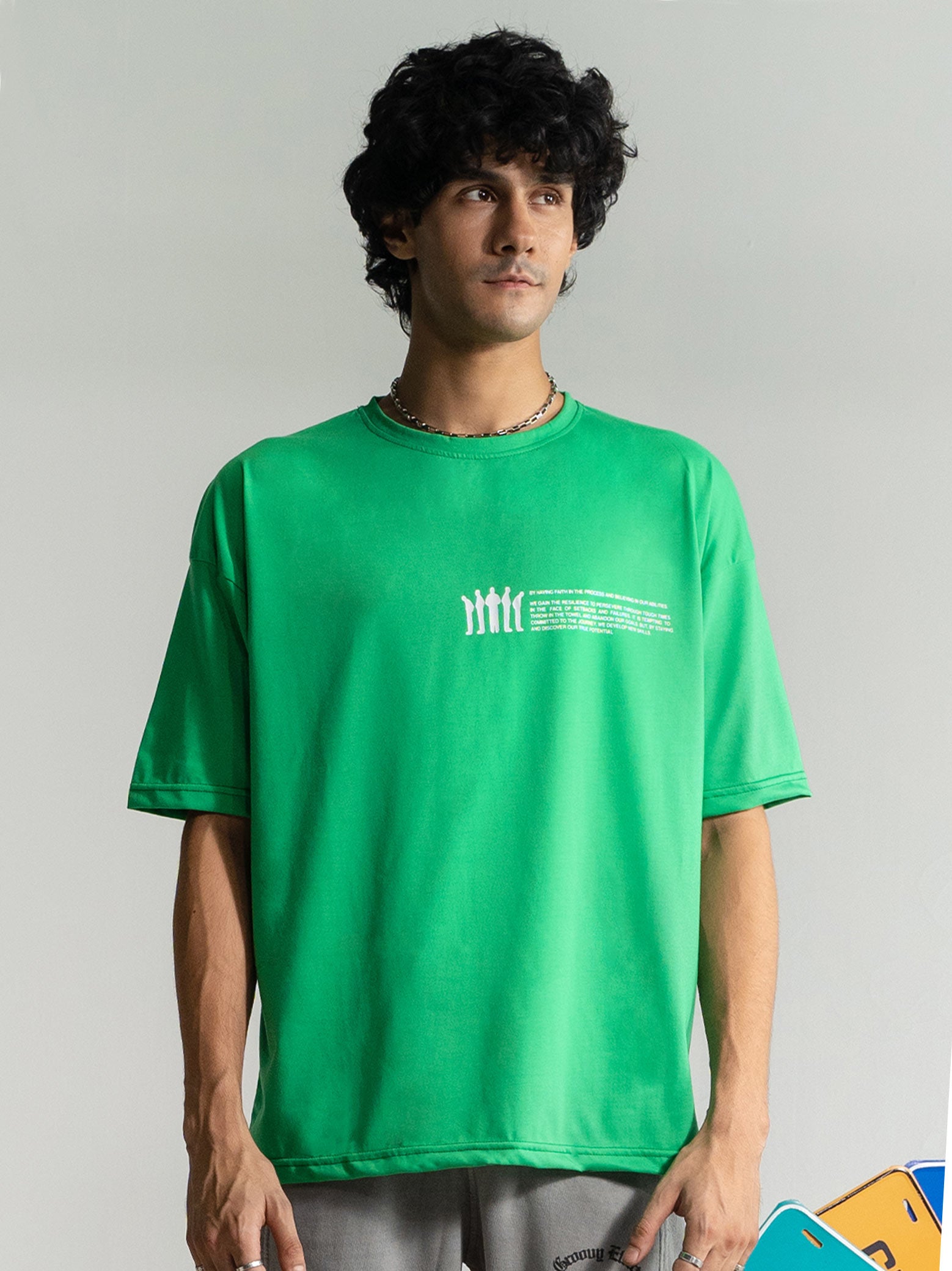 Emerald Green Tee Male Model Back View – Never Give Up – GROOVY Pakistan