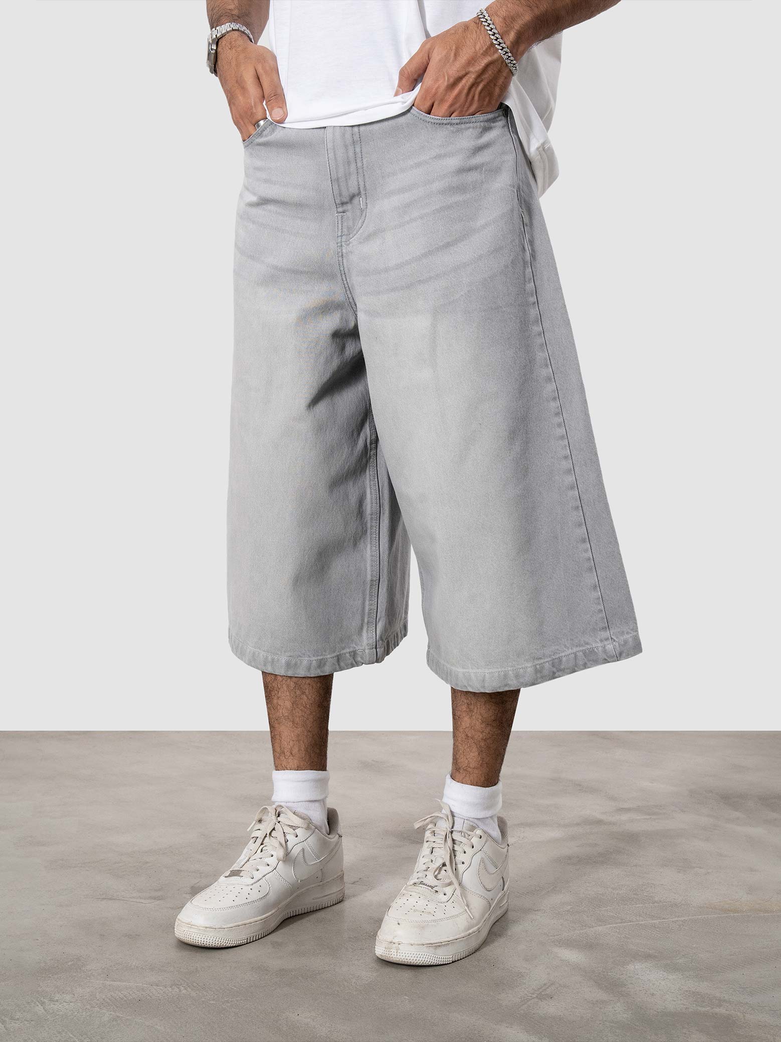 Jorts white stone male model back view hard washed denim shorts Pakistan – GROOVY