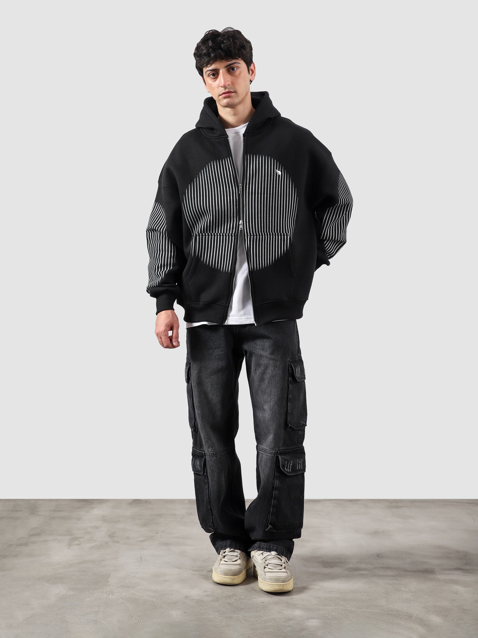 The Illusion Zipper hoodie male model side view full body oversized Pakistan – GROOVY
