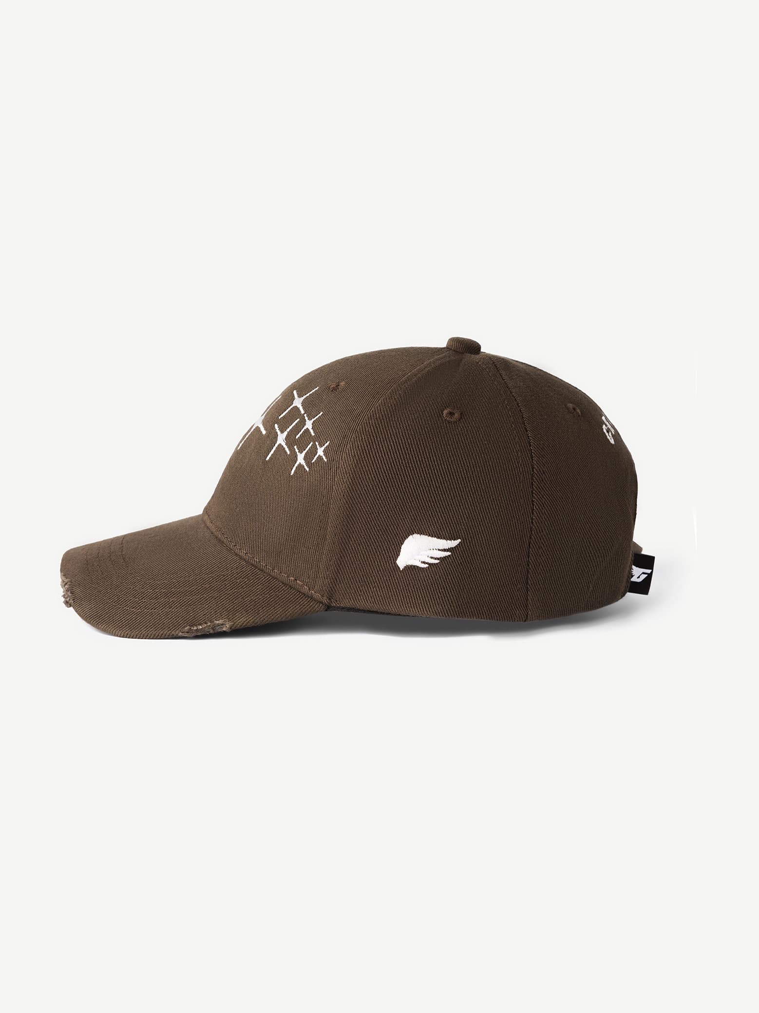 Brown cap with white designs on a white background