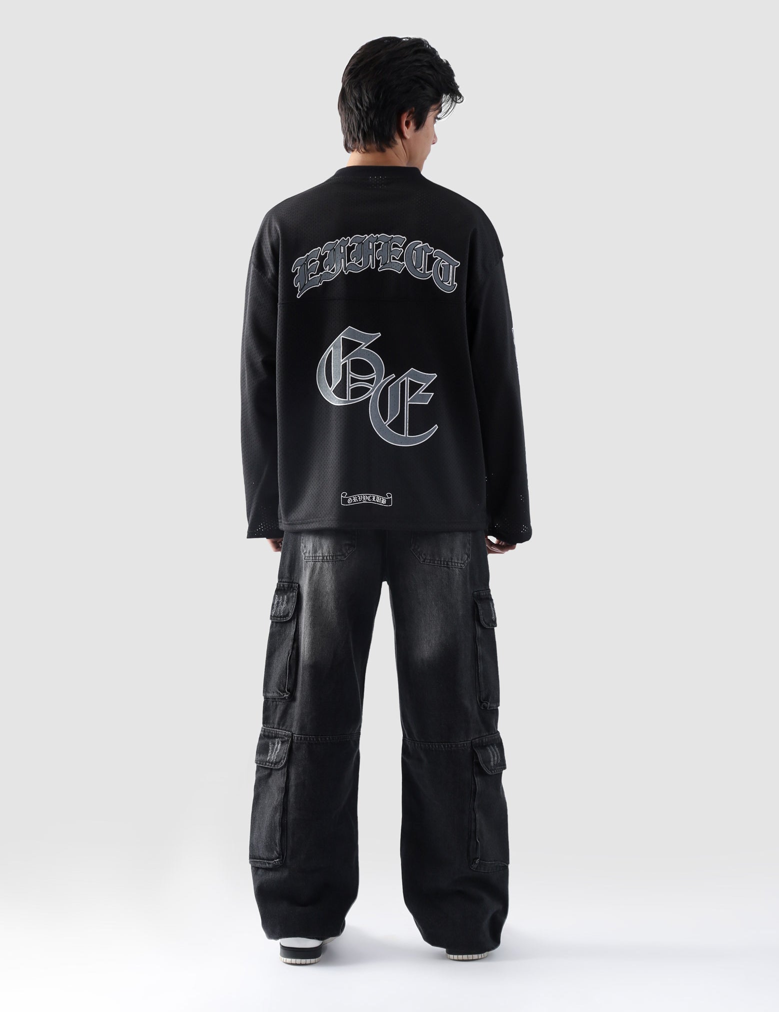 Back view of GROOVY's Chrome Hearts jersey featuring bold 'EFFECT' and 'GE' gothic prints.