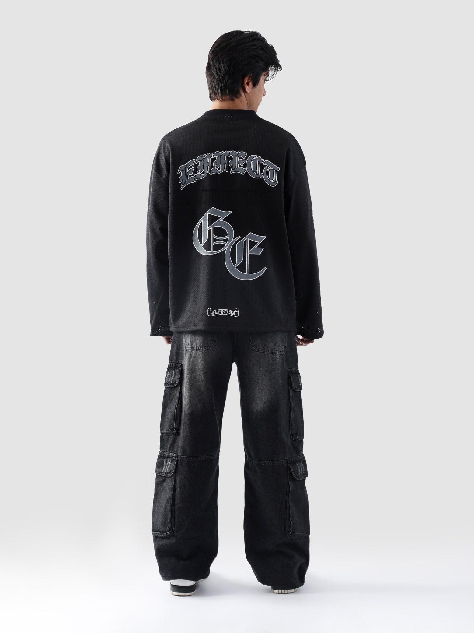 Back view of GROOVY's Chrome Hearts jersey featuring bold 'EFFECT' and 'GE' gothic prints.