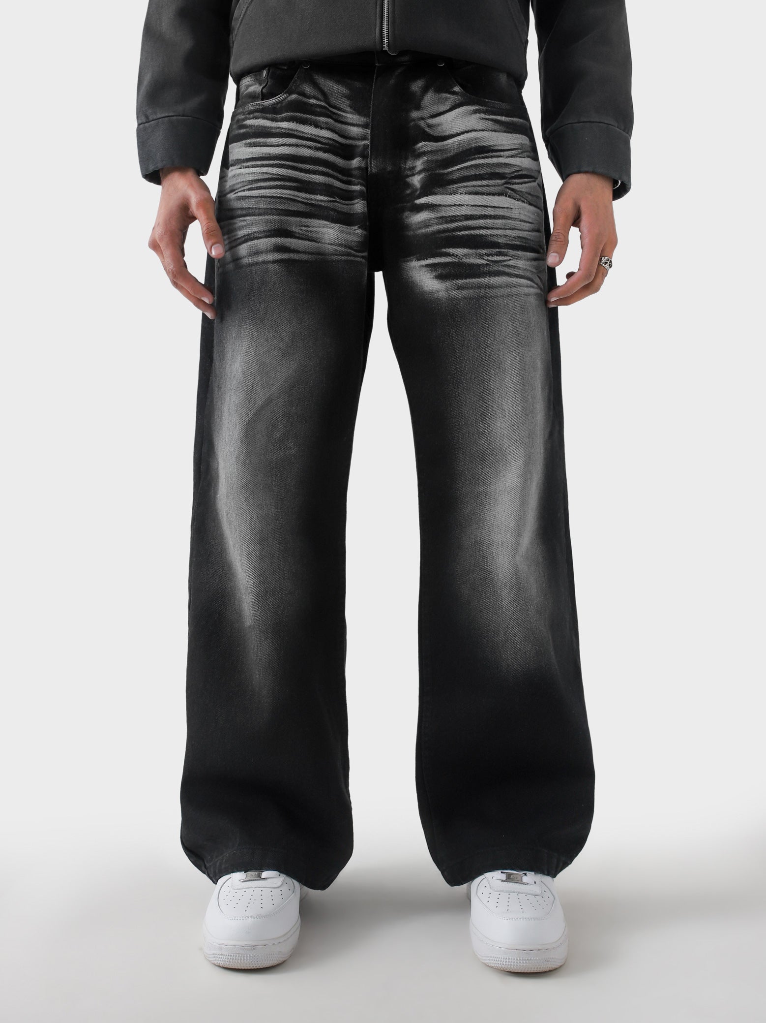 CORE denim washed black baggy jeans female model back view streetwear Pakistan – GROOVY
