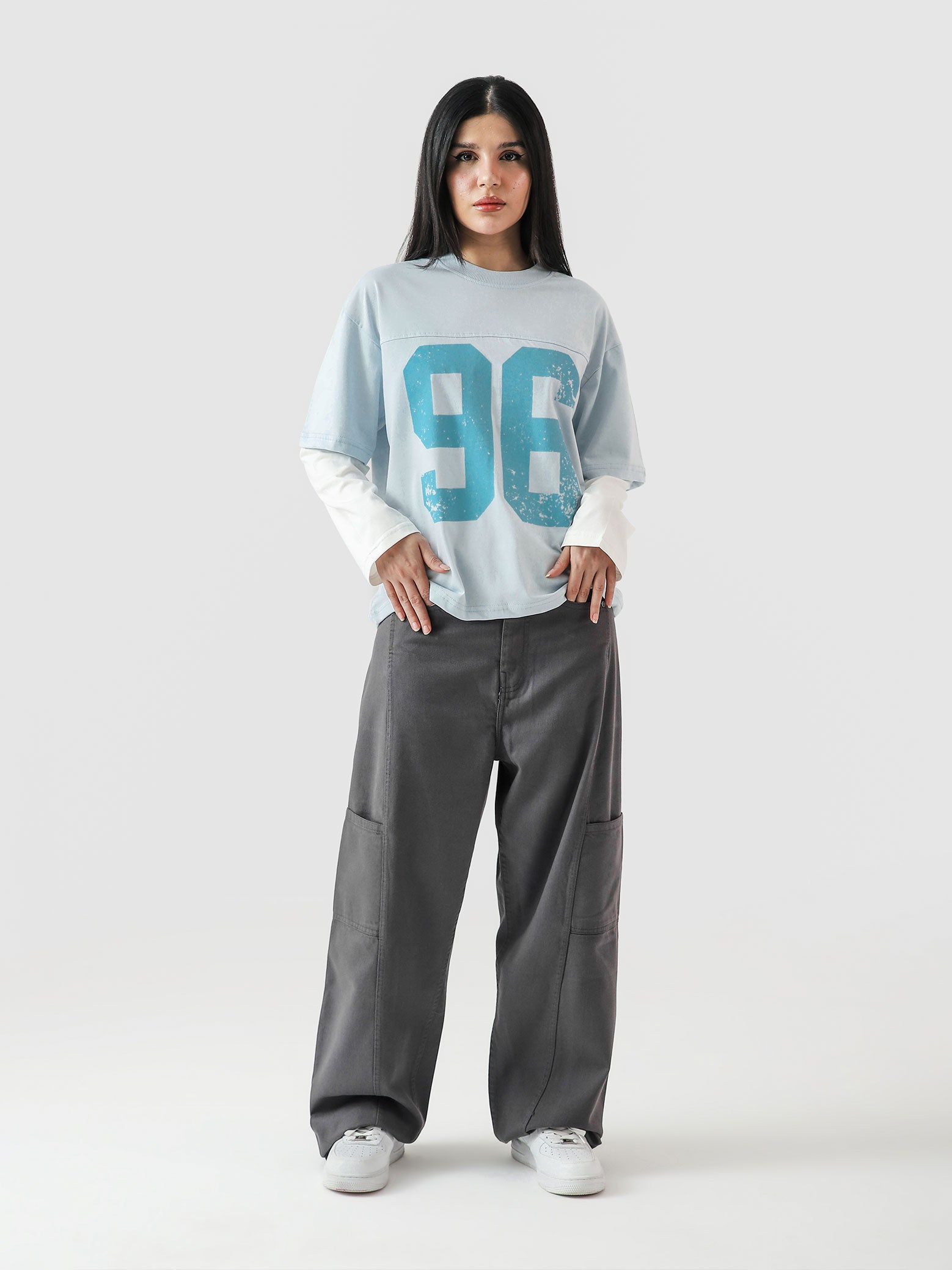 96 Double Layer Jersey frost blue female model back view pre-layered Pakistan – GROOVY