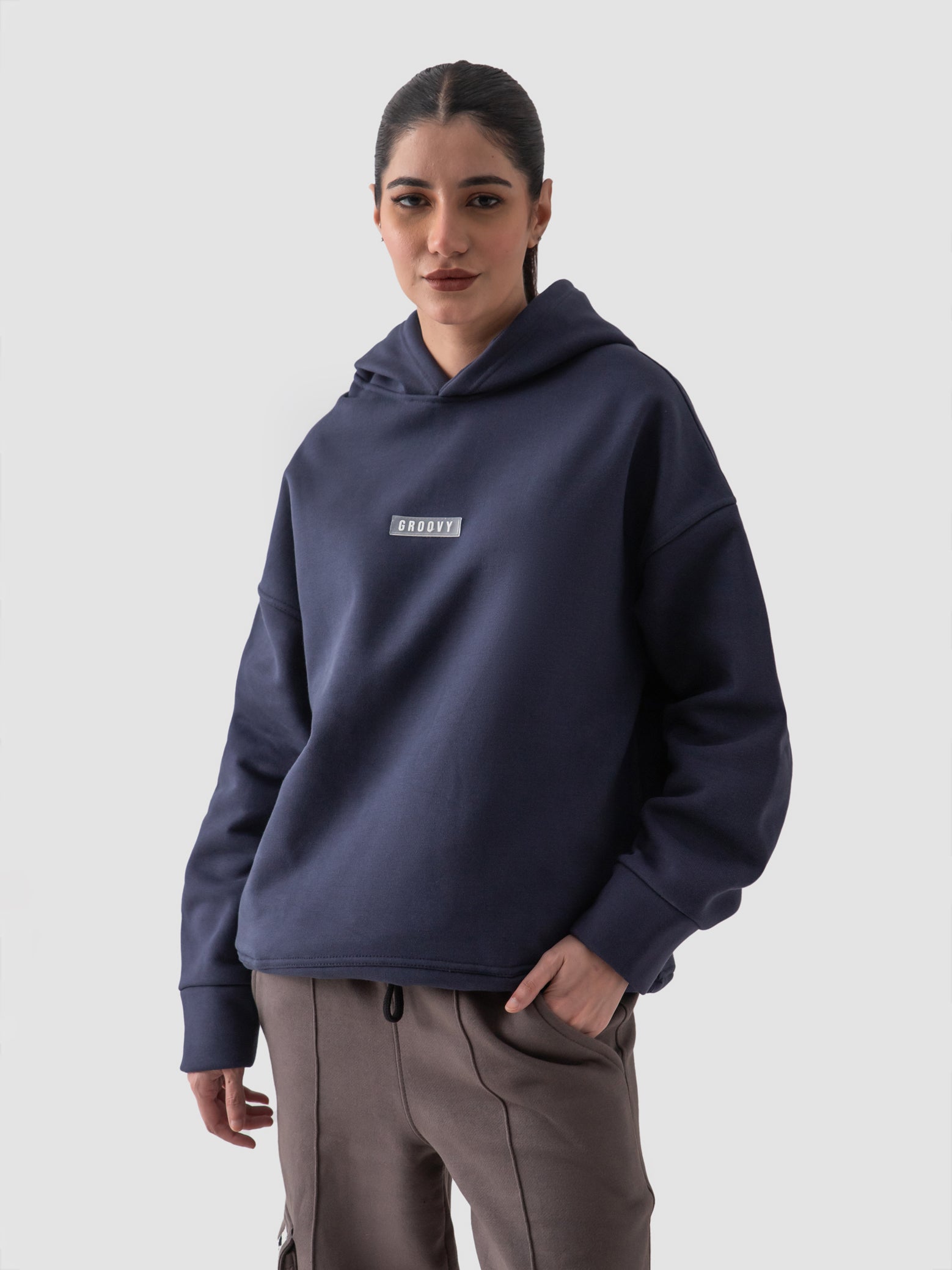 Navy blue hoodie couple lifestyle shot oversized streetwear Pakistan – GROOVY
