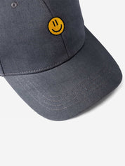 GROOVY SMILEY DAY cap, stitched yellow smiley on slate blue-grey, adjustable