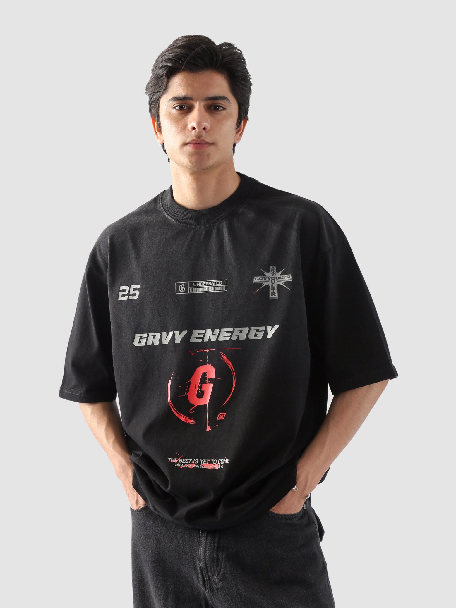 Graphic close-up showing “GRVY ENERGY” branding with red “G” symbol and gothic futuristic elements – ideal for streetwear lovers.
