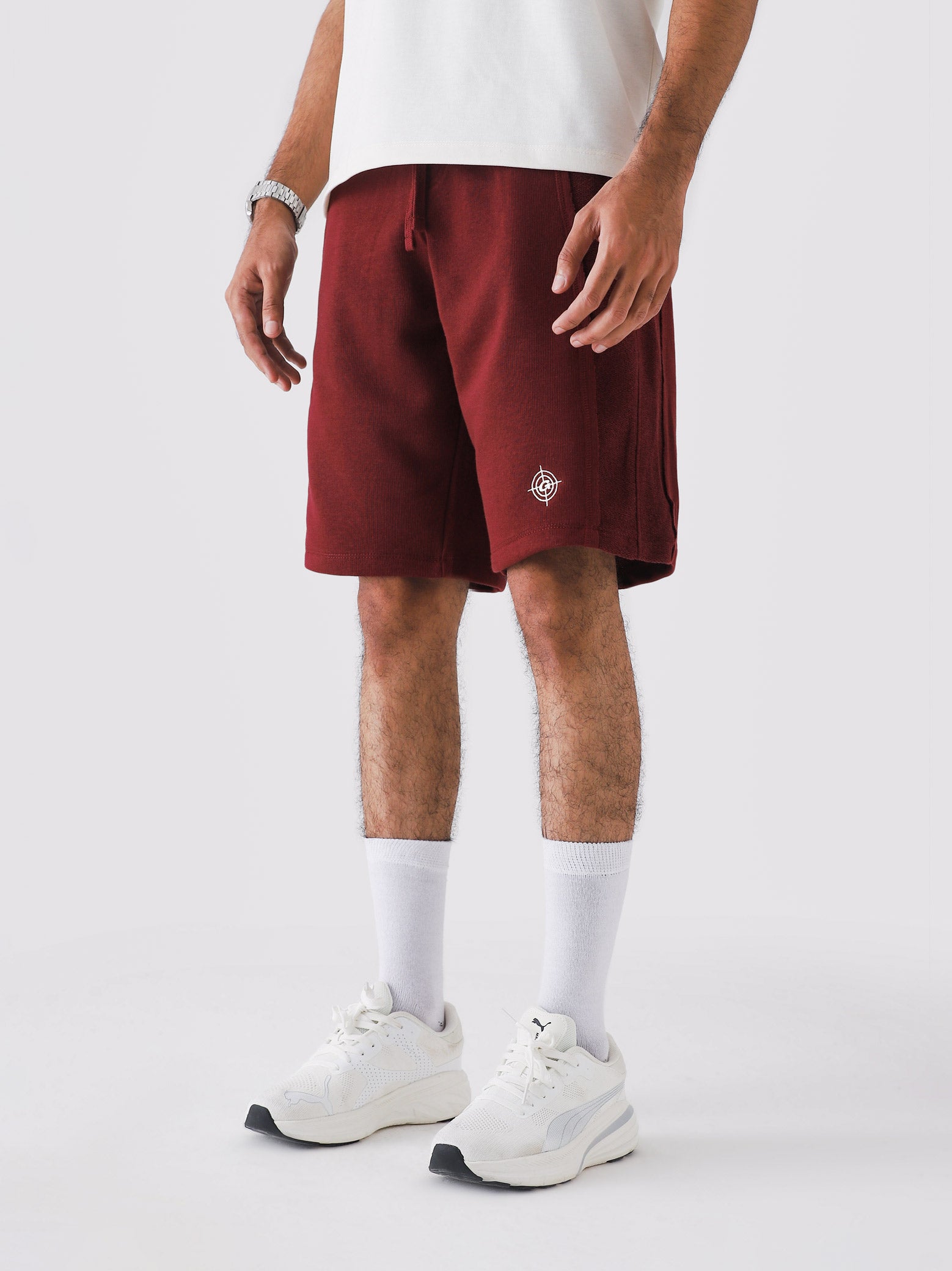 Man wearing Wine Red Aim Shorts, GROOVY men's sport and lounge shorts, Pakistan streetwear