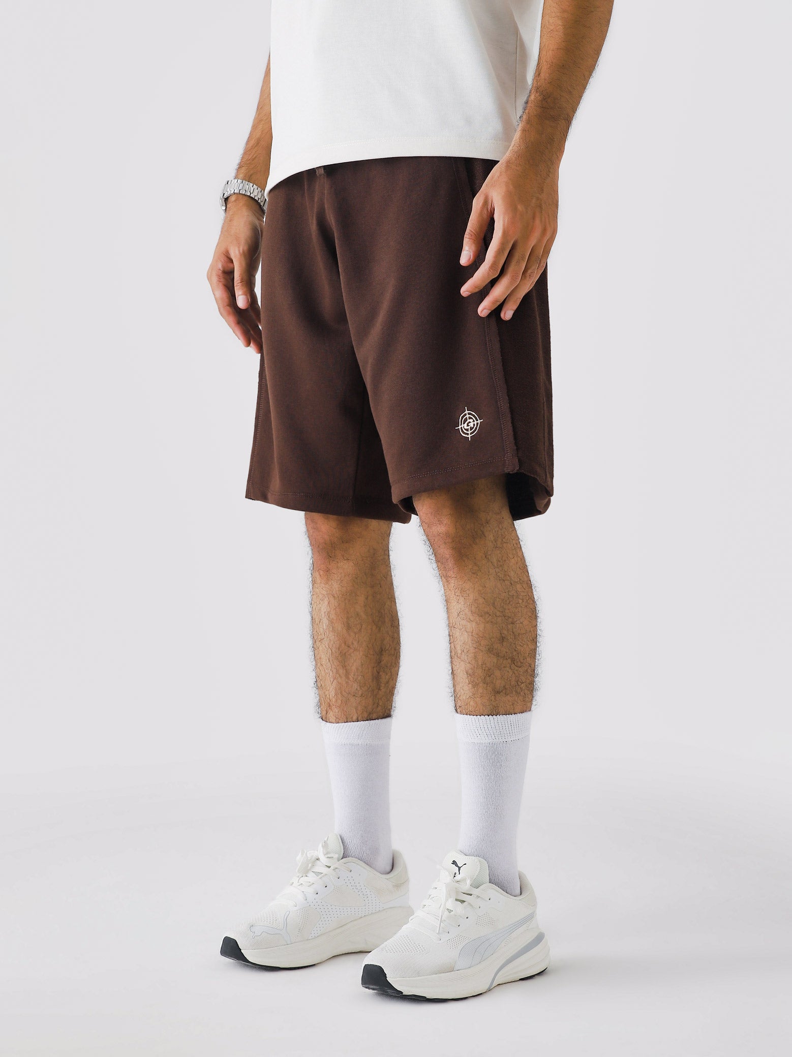 Man wearing Mocha Brown Aim Shorts, GROOVY men's sport and lounge shorts, Pakistan streetwear