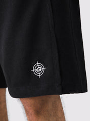 Black Aim Shorts close-up, soft cotton men's everyday shorts by GROOVY Pakistan