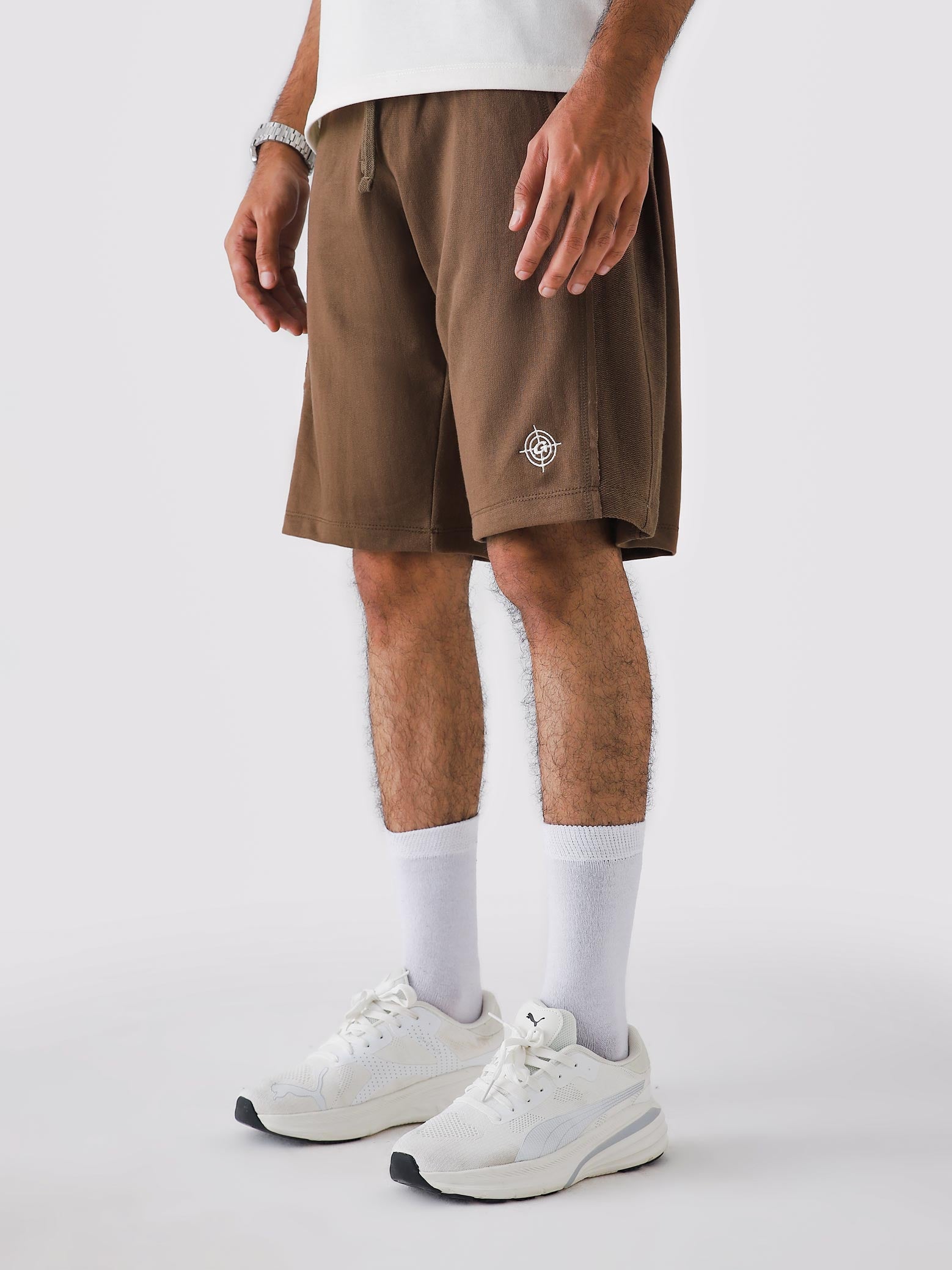 Man wearing Chocolate Brown Aim Shorts, GROOVY men's sport and lounge shorts, Pakistan streetwear