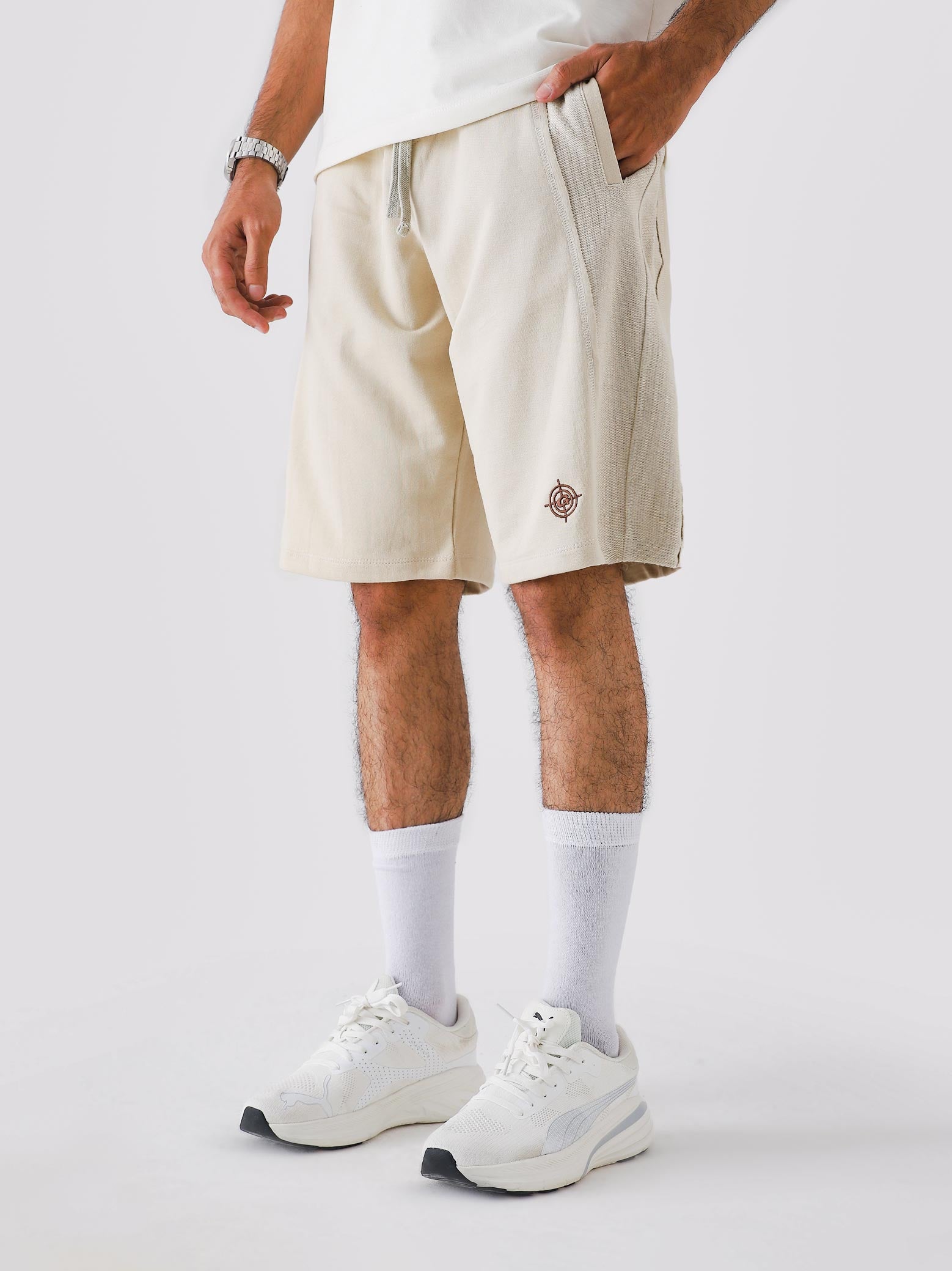 Cream Aim Shorts by GROOVY, soft lightweight men's gym and everyday shorts in Pakistan