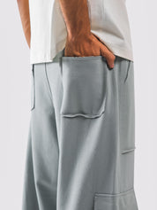Elastic waist and drawstring on grey cargo trousers - GROOVY Pakistan