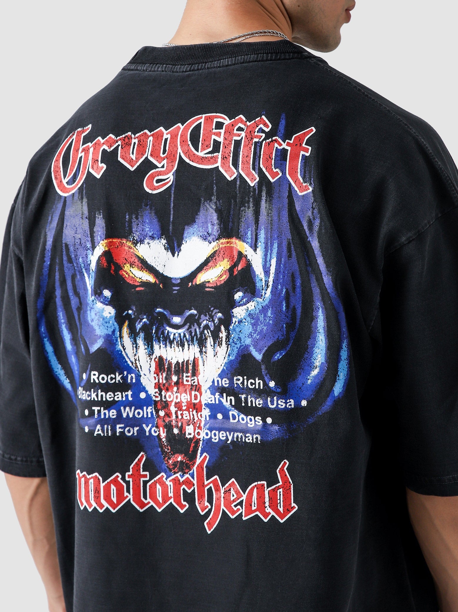 Black Washed Motorhead Graphic Tee Male Model Front View – GROOVY Pakistan