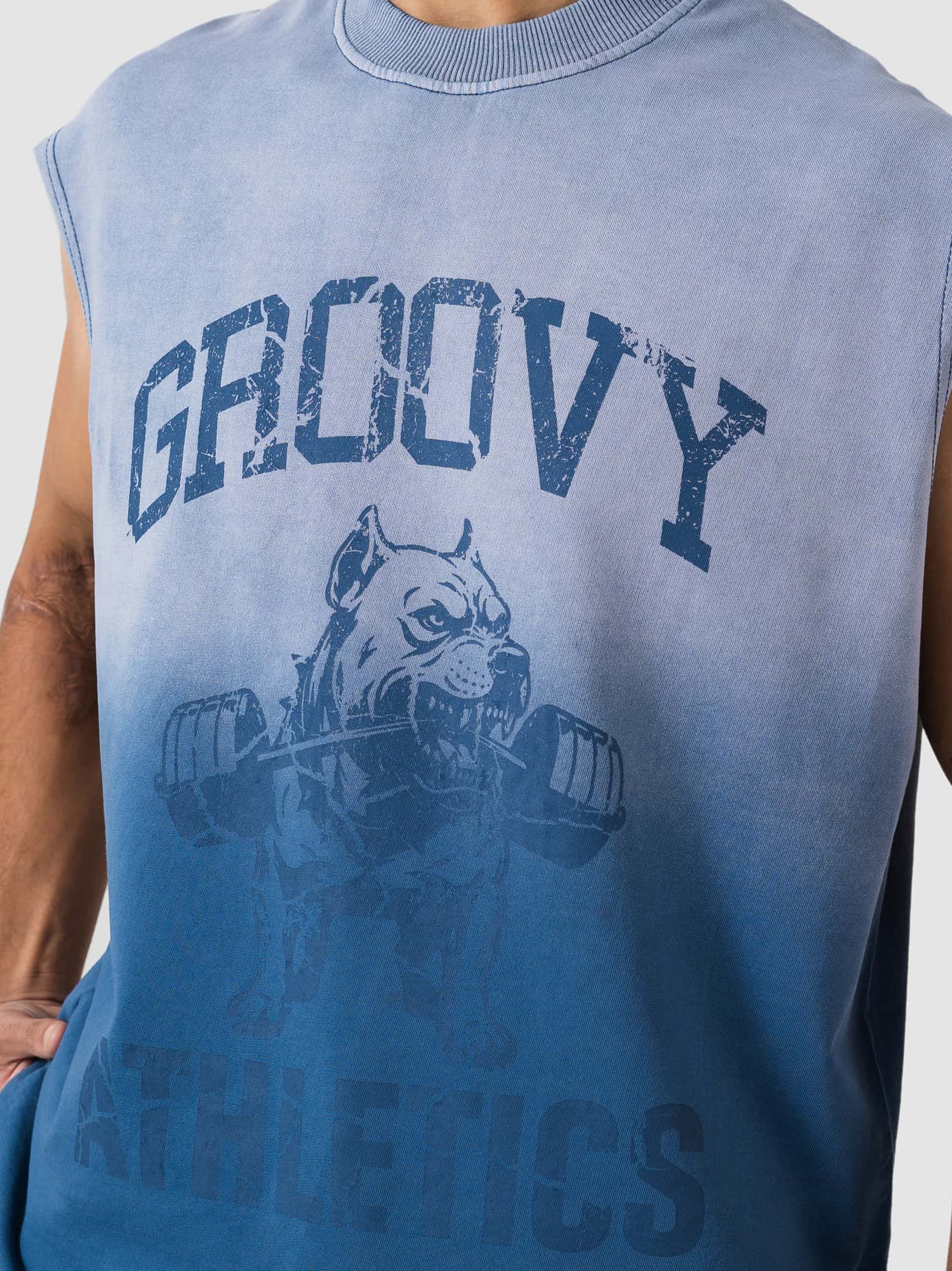 GROOVY ombre blue sleeveless sando, wordmark print, Pakistan