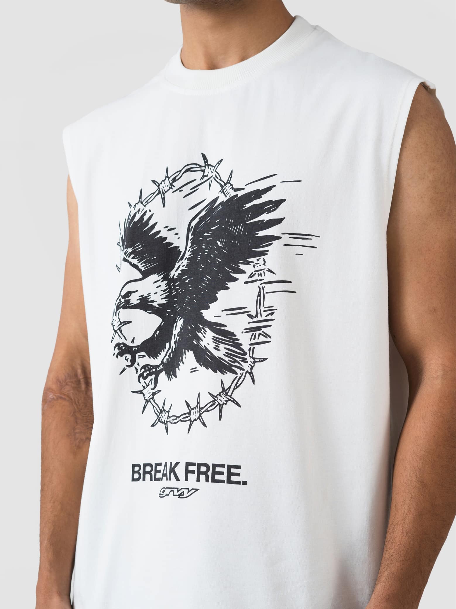 GROOVY white sleeveless sando, eagle graphic print, Pakistan