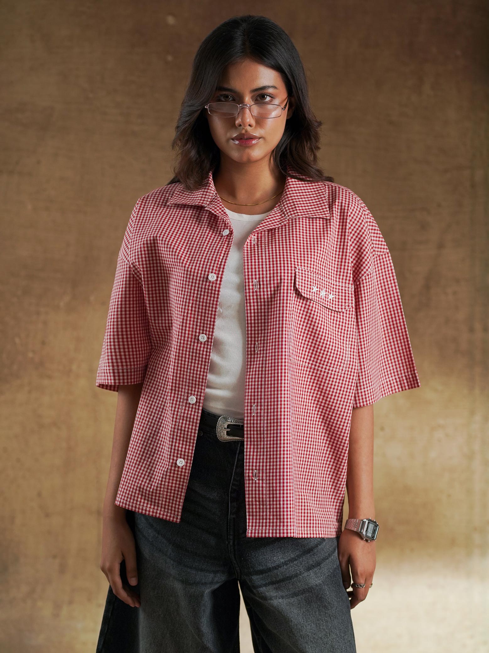 Back view of red check shirt on model - GROOVY Pakistan