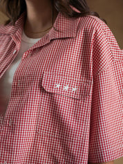 Collar and placket on red gingham shirt - GROOVY Pakistan