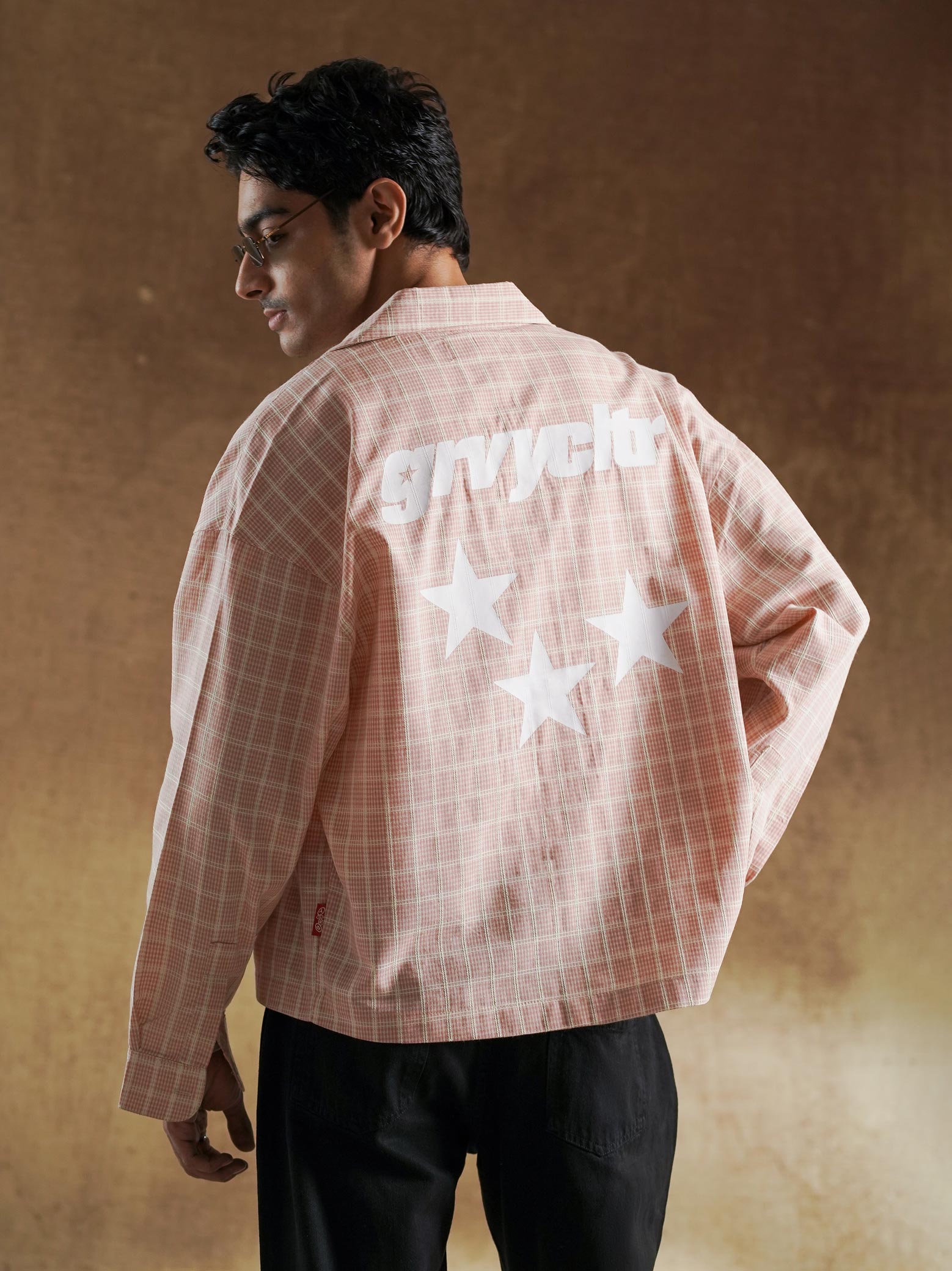 grvyclb back print with three white stars on plaid shirt - GROOVY Pakistan