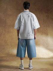 Collar and shoulder line on oversized denim shirt - GROOVY Pakistan