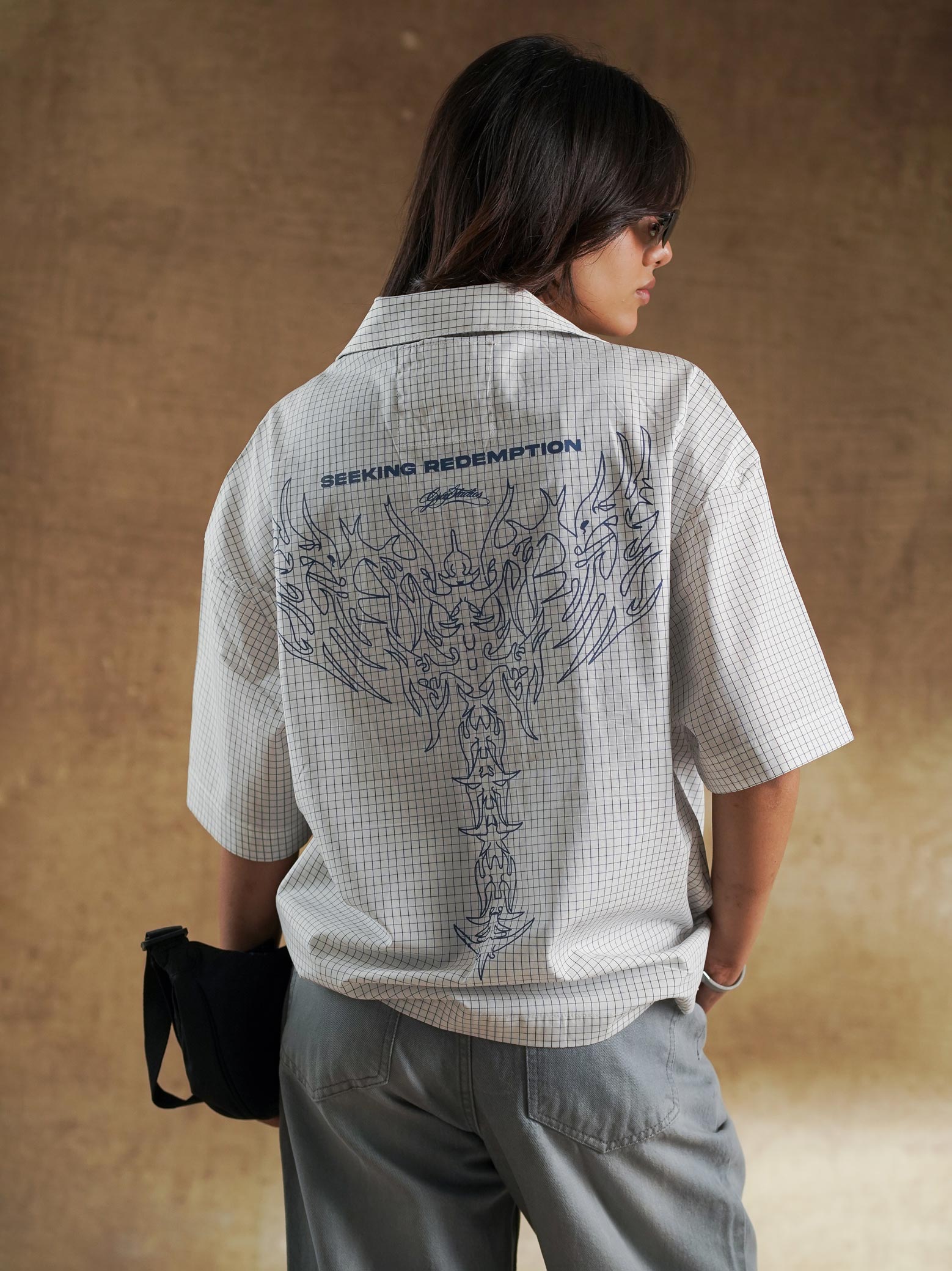 Camp collar on cream check oversized shirt - GROOVY Pakistan