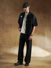 Grvyffect oval patch detail on black work shirt chest - GROOVY Pakistan
