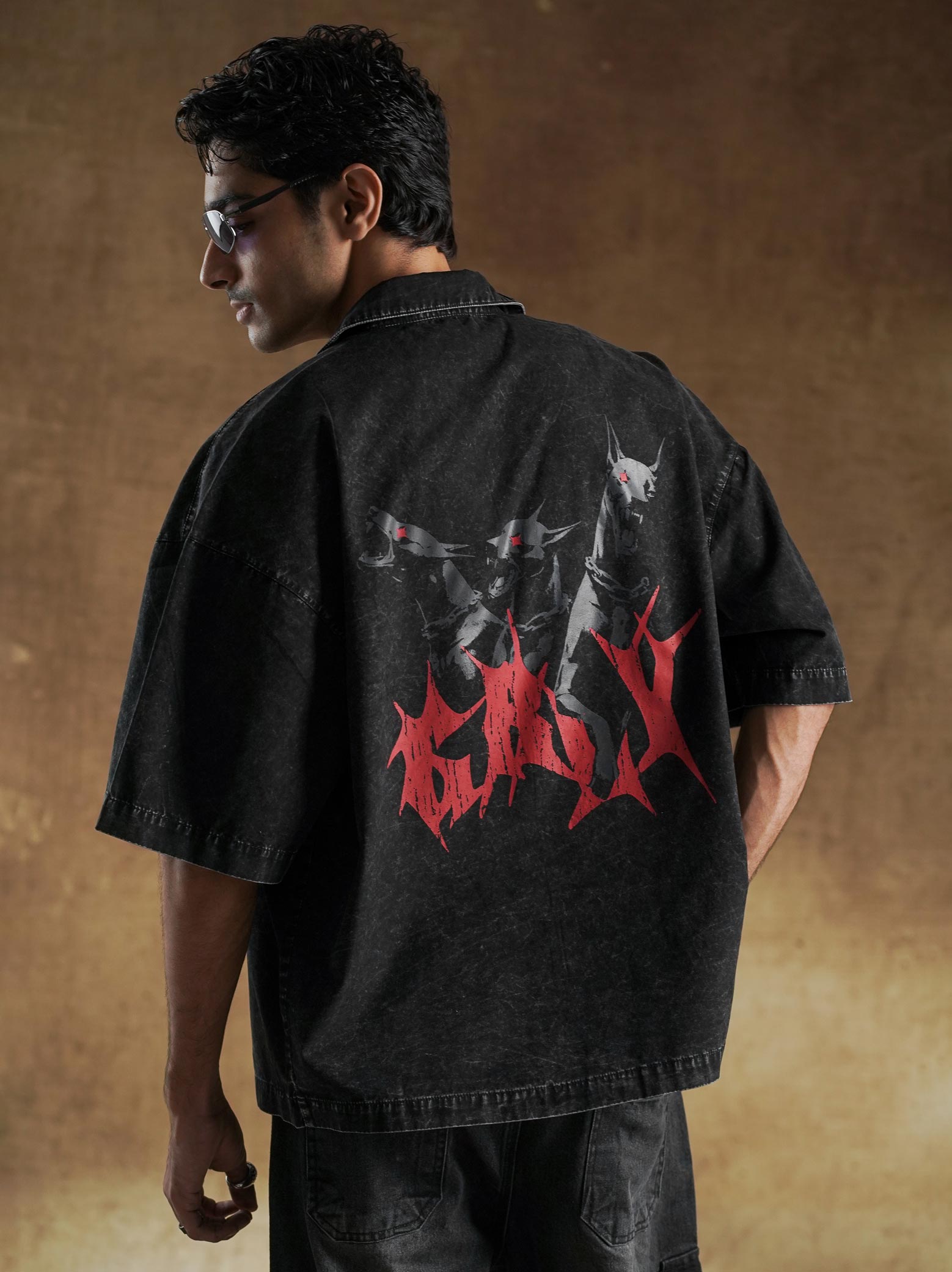 Doberman back print on black acid wash shirt - GROOVY Pakistan
