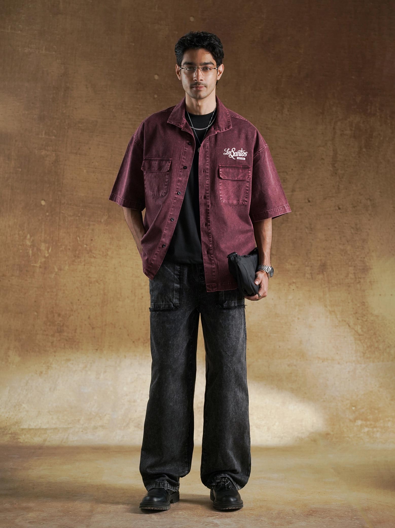 Twin flap chest pockets on burgundy denim shirt - GROOVY Pakistan