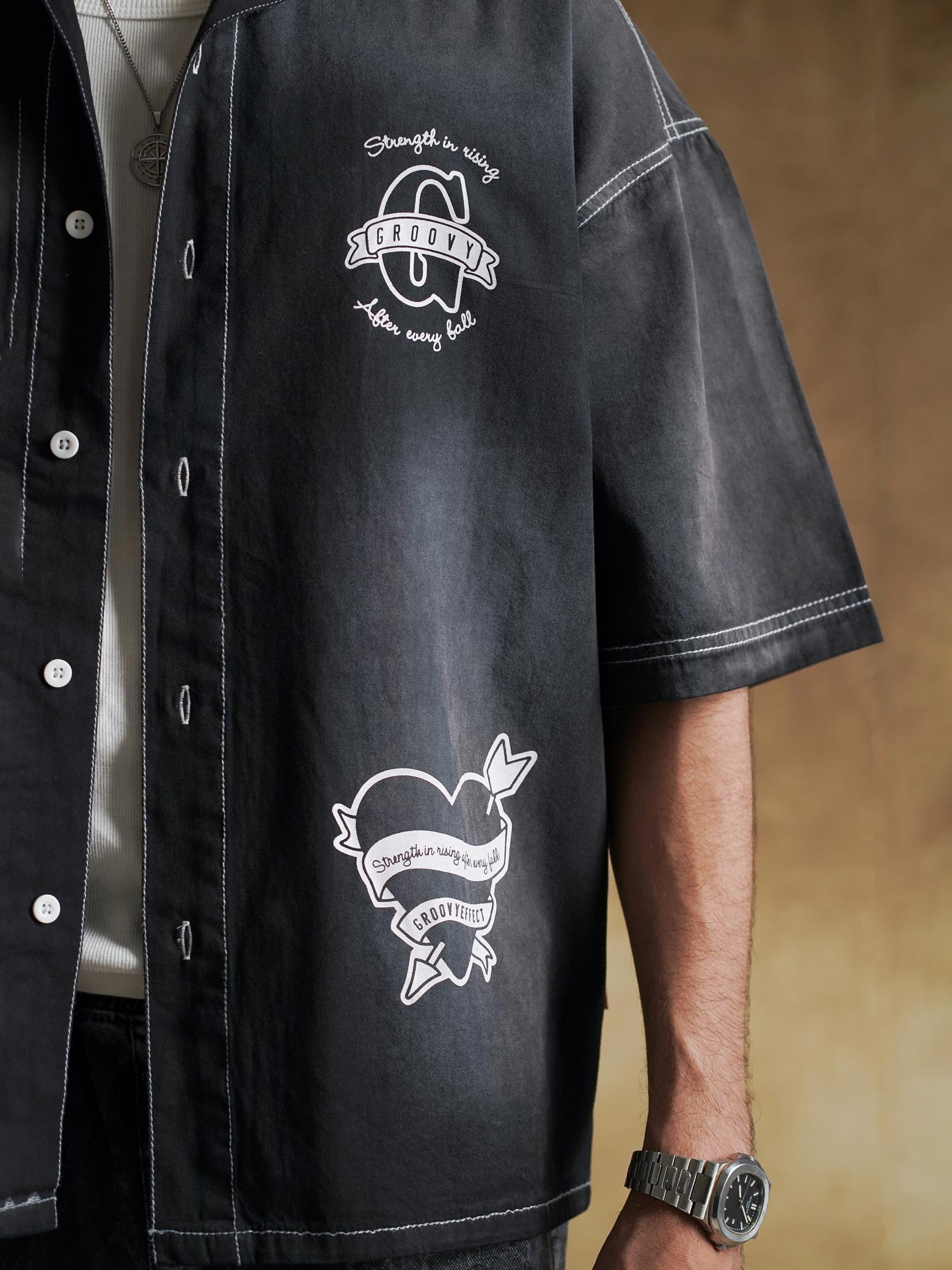 White contrast topstitching on washed black twill - GROOVY Pakistan