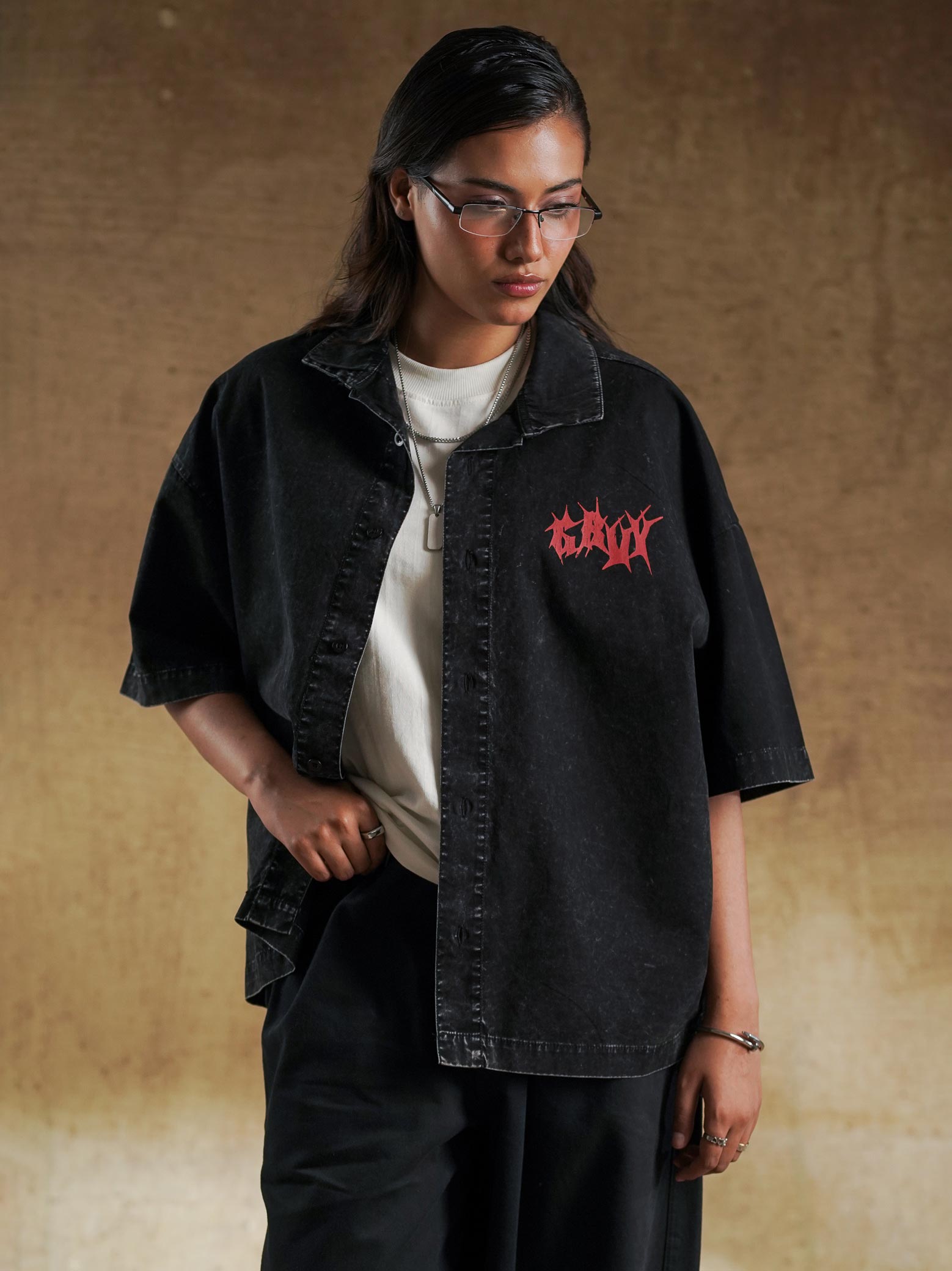 Half sleeve cuff on oversized black denim shirt - GROOVY Pakistan