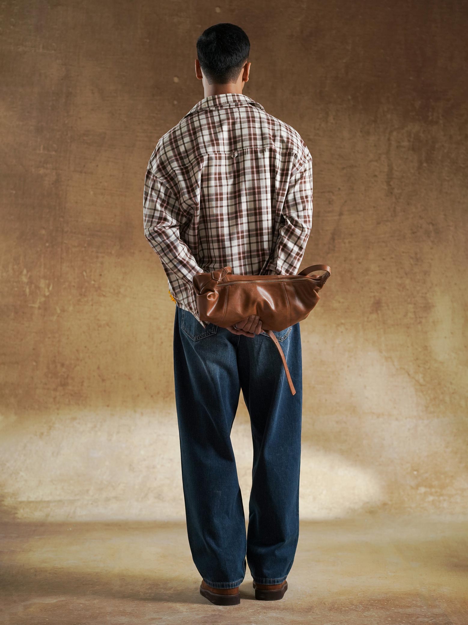GRVYSTUDIOS pocket embroidery on brown plaid shirt - GROOVY Pakistan
