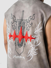 GROOVY grey sleeveless sando, sword and lightning graphic, Pakistan