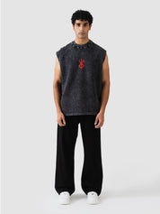 GROOVY black acid-wash sleeveless sando, tribal wing graphic, Pakistan