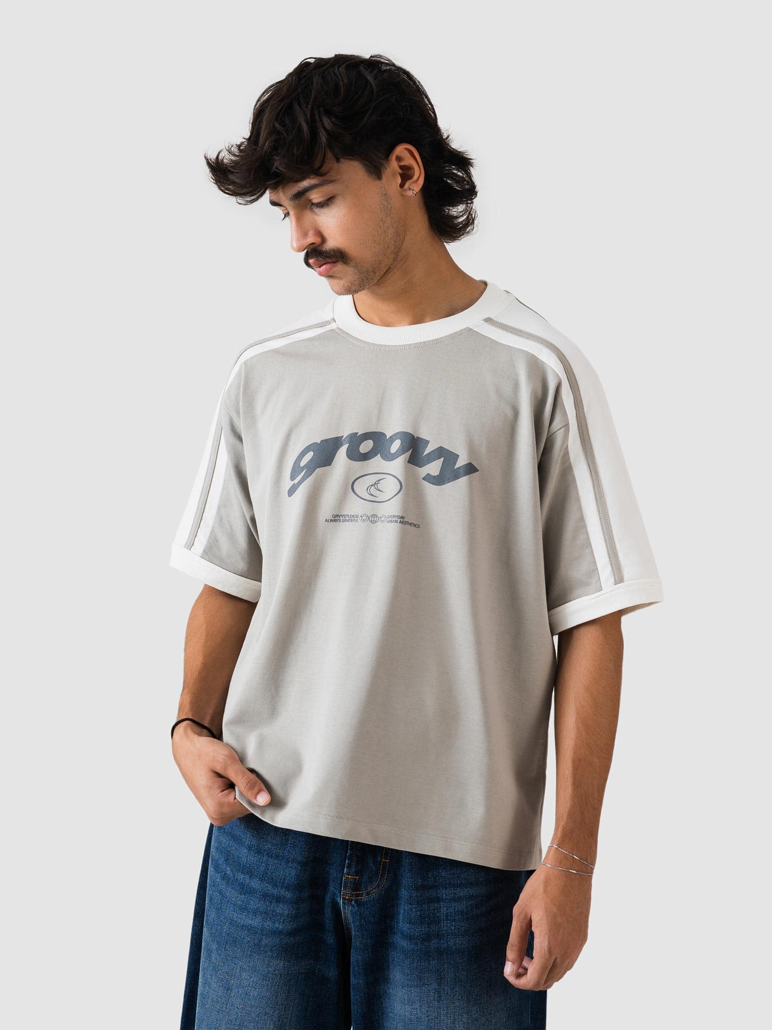 GROOVY slate grey ringer t-shirt, contrast trim, Pakistan