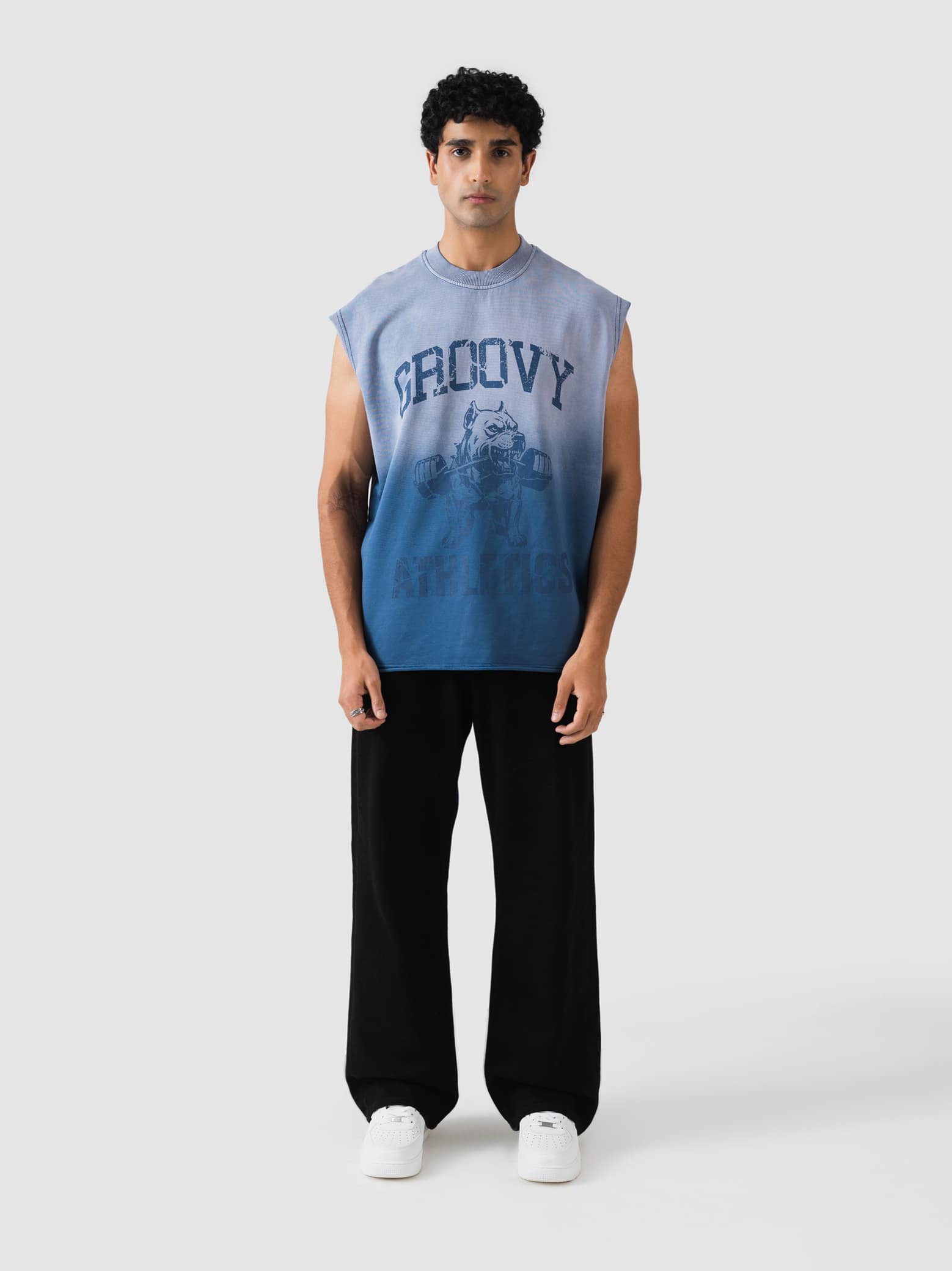ombre blue sleeveless sando by GROOVY, wordmark print, Pakistan
