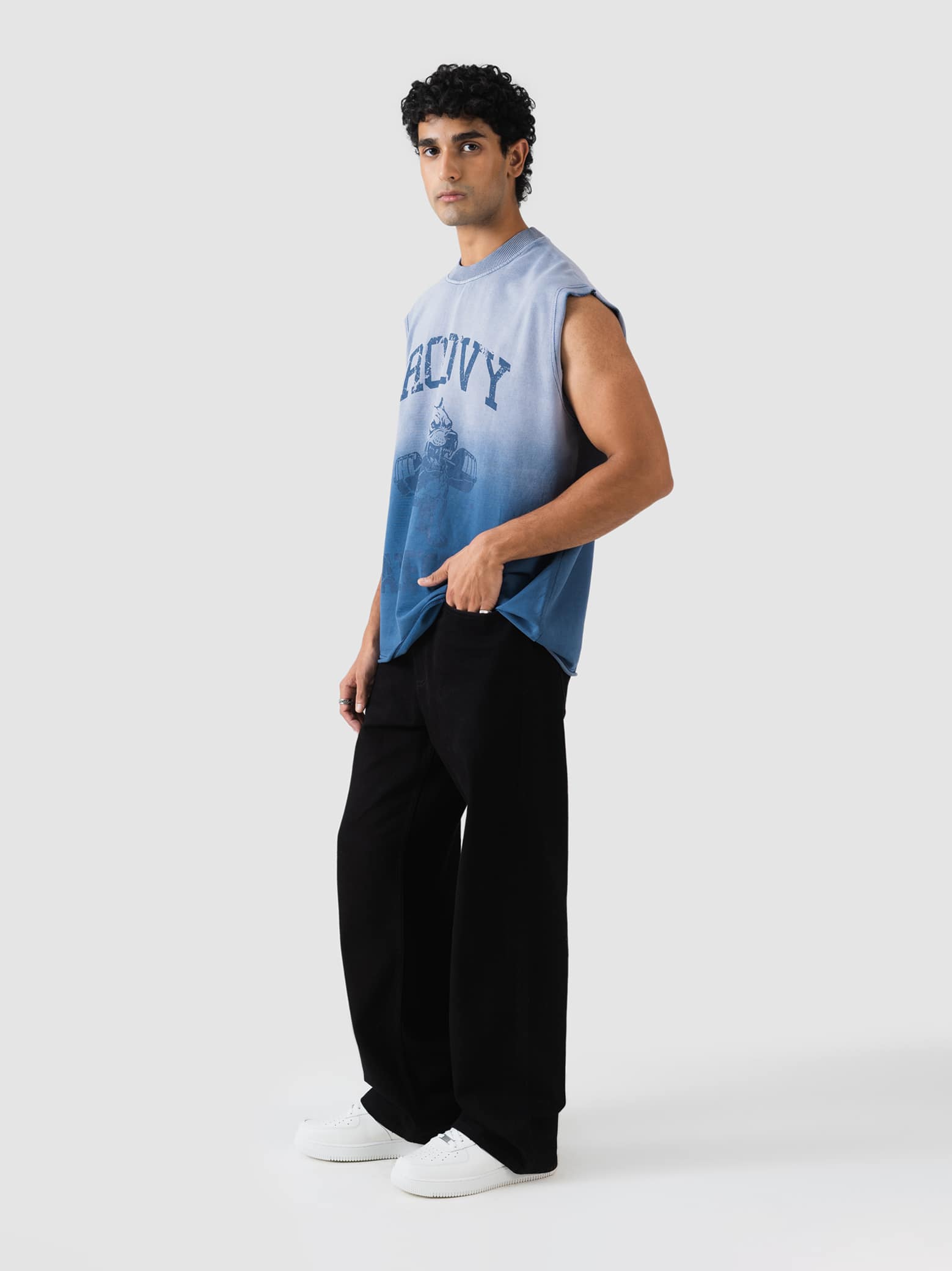 GROOVY sleeveless sando, ombre blue colorway, wordmark print, Pakistan