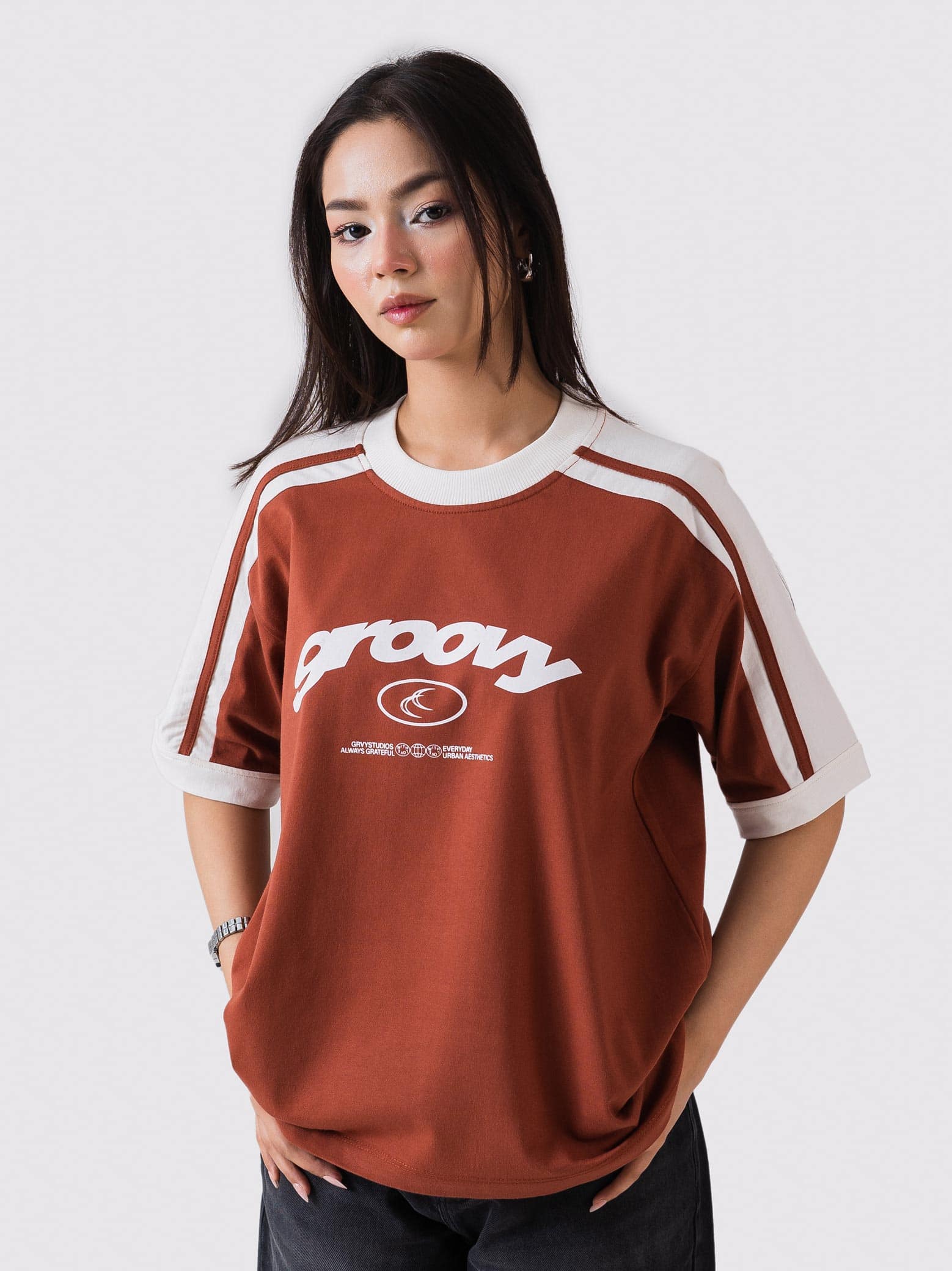 GROOVY streetwear ringer t-shirt, rust, contrast trim