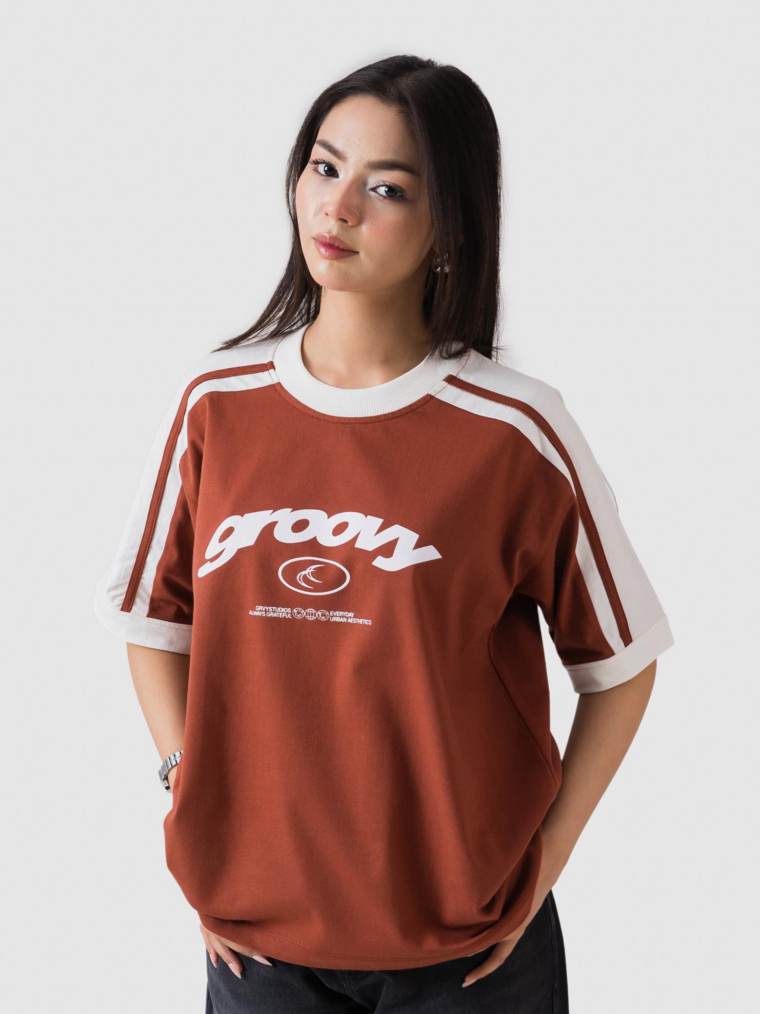 rust ringer t-shirt from GROOVY, contrast trim, made in Pakistan
