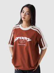 rust ringer t-shirt from GROOVY, contrast trim, made in Pakistan