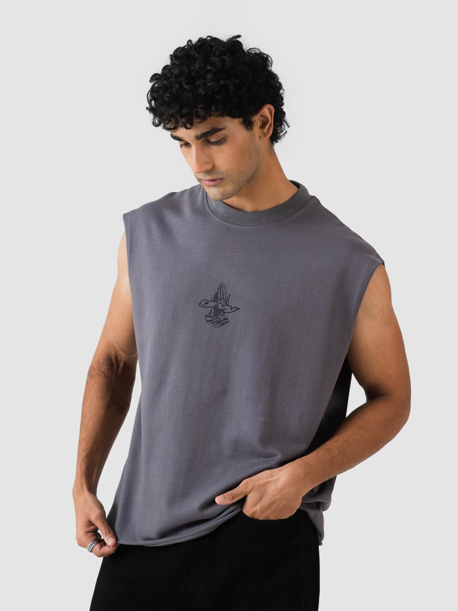 GROOVY grey sleeveless sando, gothic graphic print, Pakistan